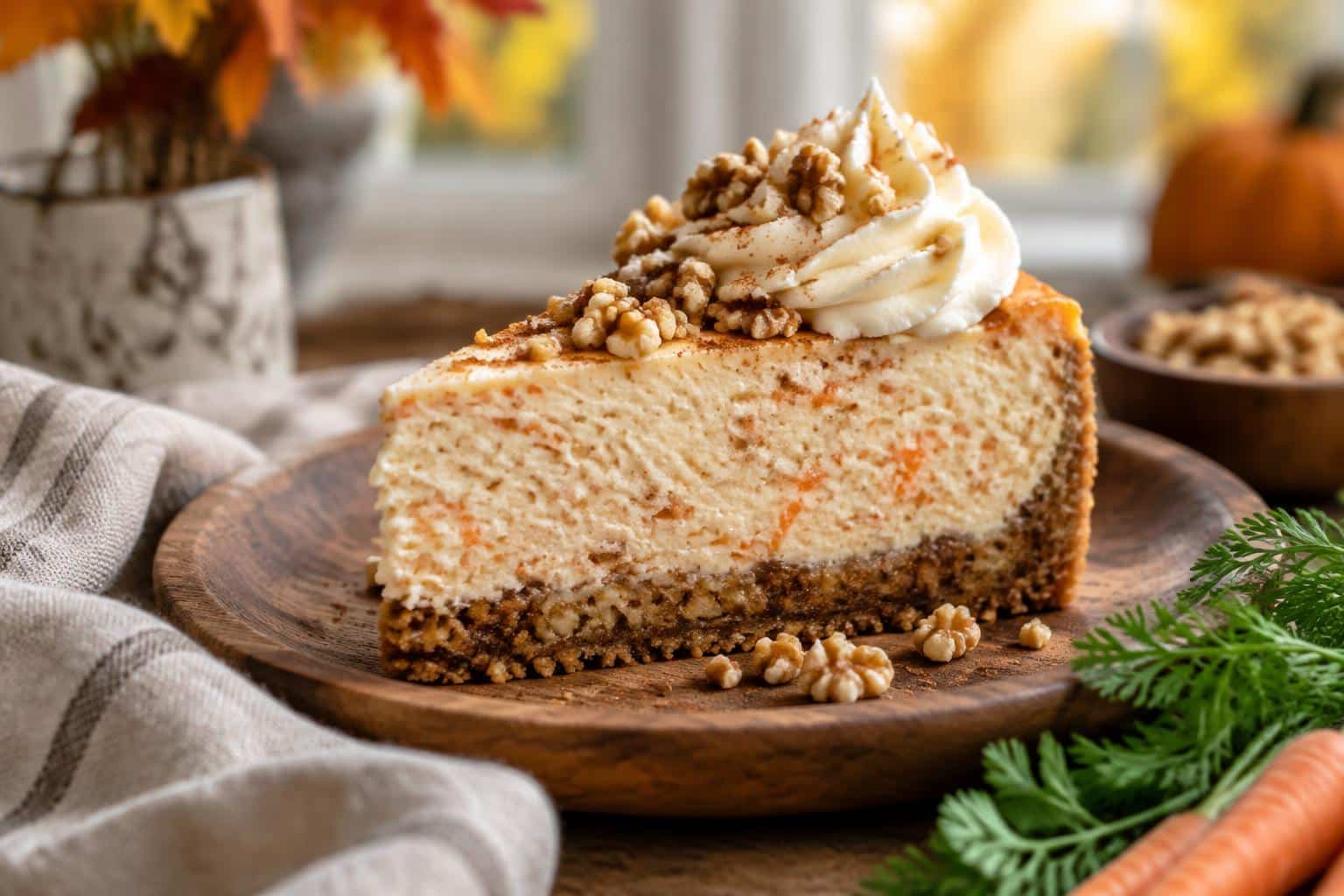 slice of carrot cake cheesecake with cream cheese frosting and walnuts on rustic plate, carrot cake cheesecake