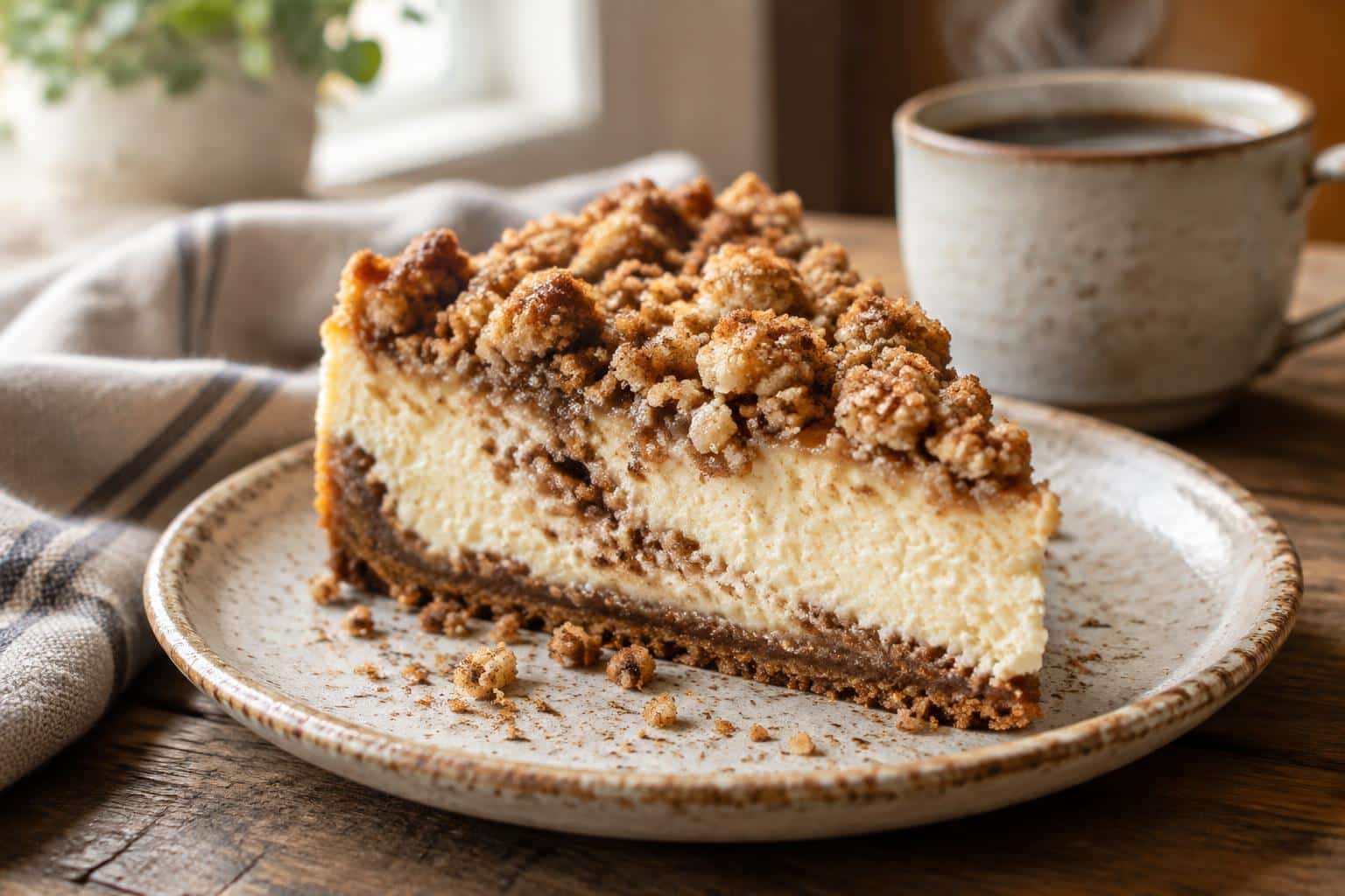 Slice of coffee cake cheesecake topped with cinnamon sugar crumble on a plate