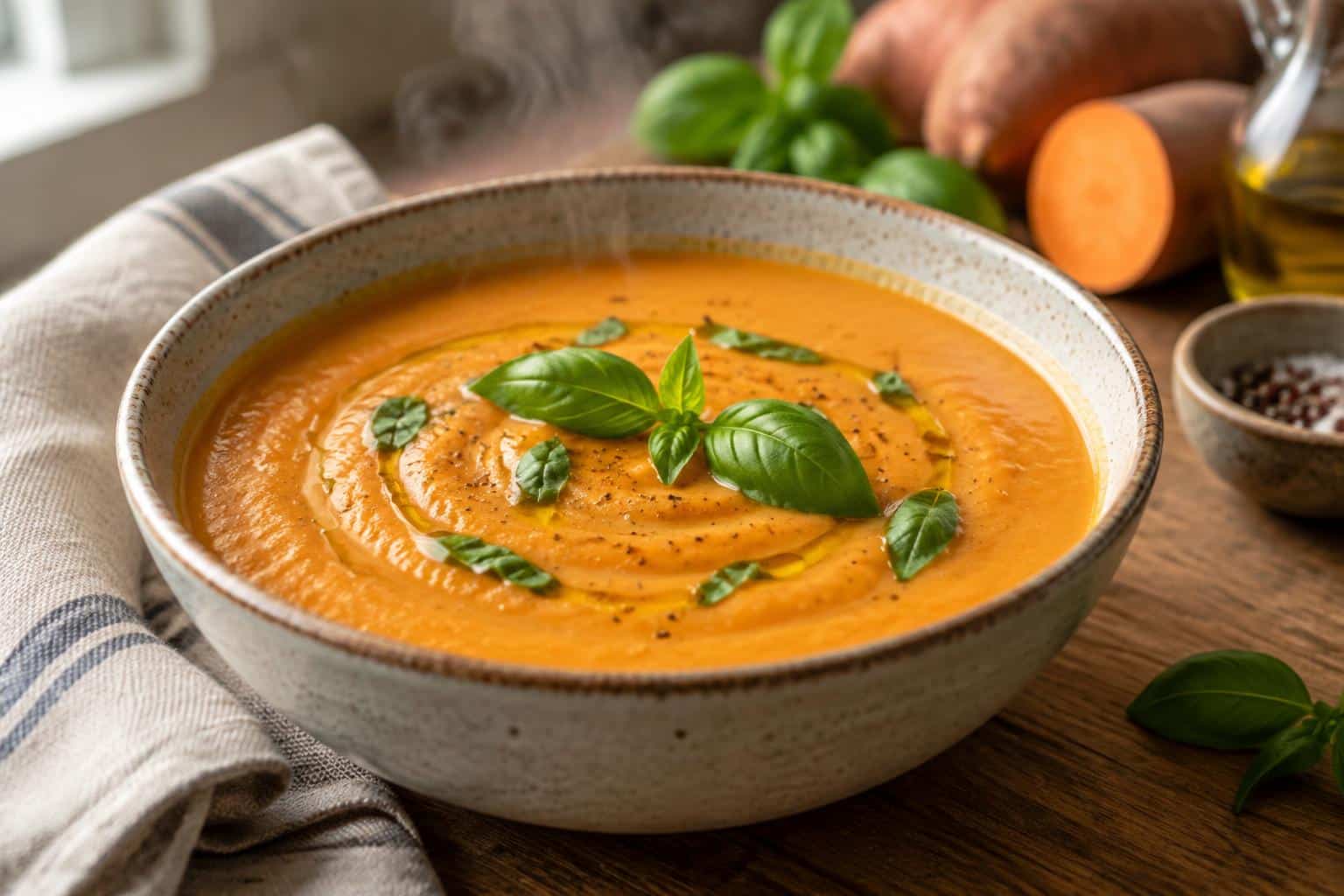 Creamy Italian sweet potato soup garnished with basil and olive oil in a rustic bowl