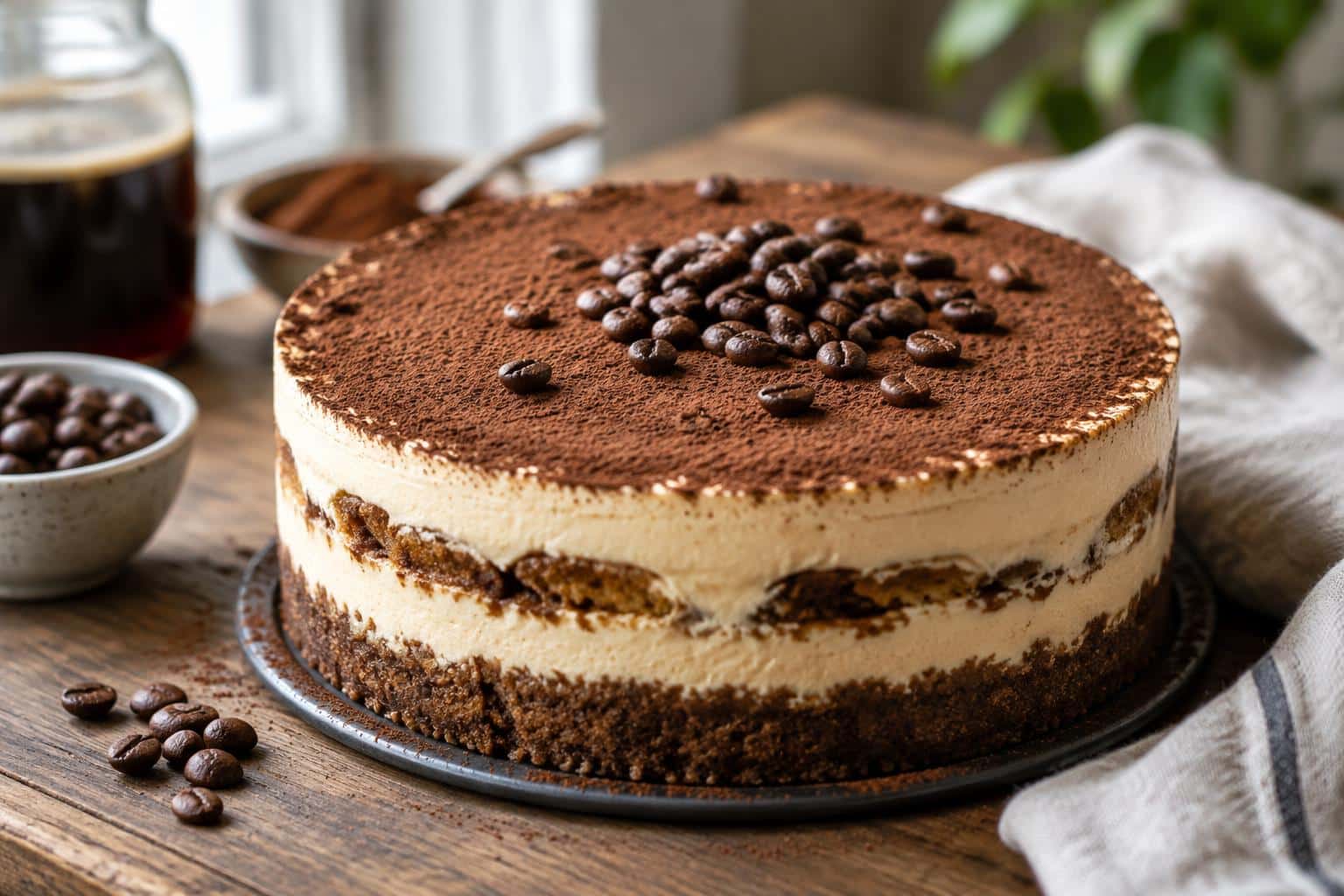 Heavenly tiramisu cold brew cheesecake garnished with cocoa powder and coffee beans