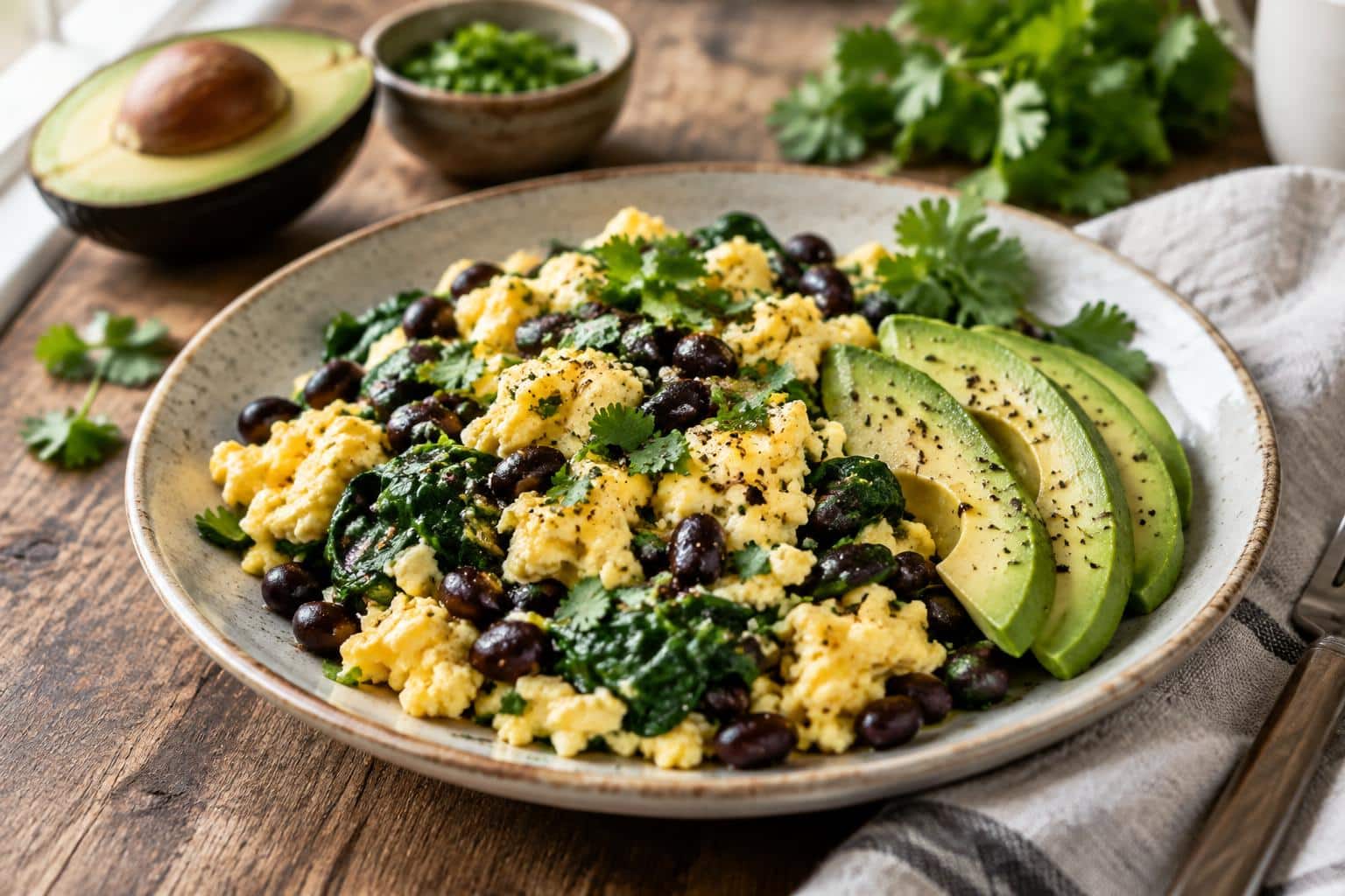 High-protein breakfast scramble with eggs, spinach, black beans, and avocado slices garnished with fresh herbs
