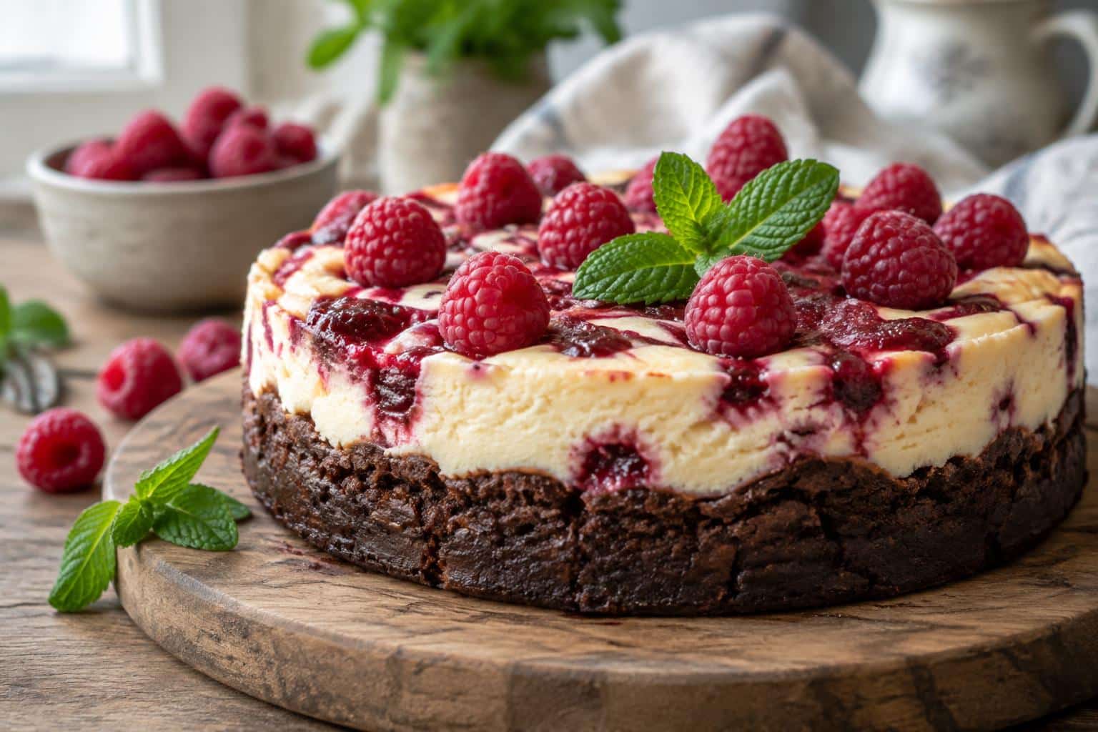 Himbeer brownie cheesecake with fresh raspberries and mint garnish on rustic wooden board