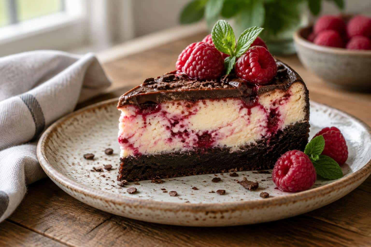 Slice of himbeer brownie cheesecake with fresh raspberries and mint garnish on rustic plate