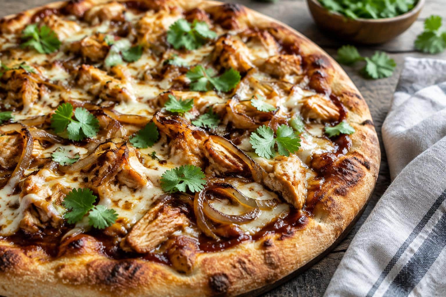 Homemade bbq chicken pizza topped with caramelized onions and fresh cilantro on a rustic wooden surface