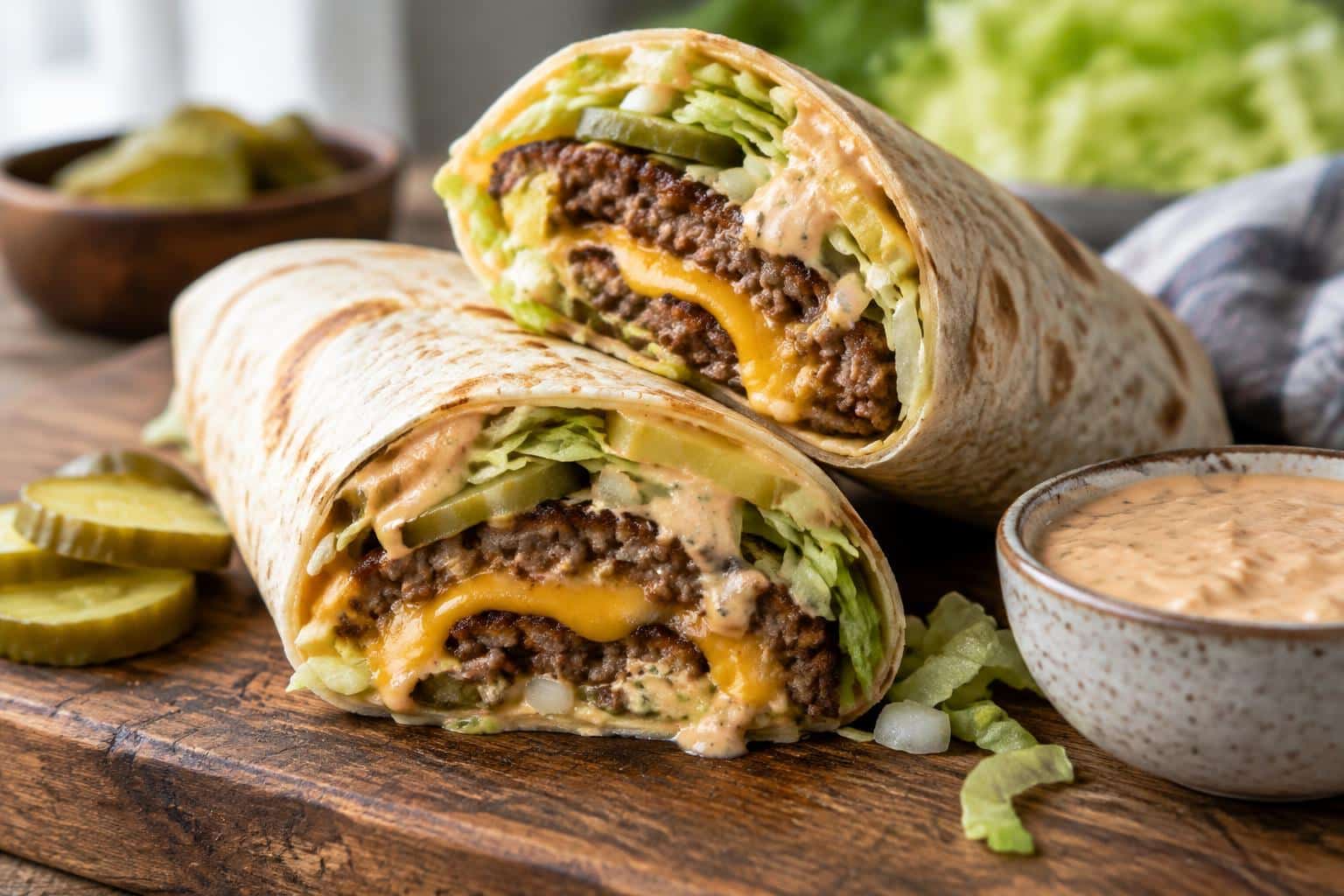 Homemade Big Mac wraps on rustic board with classic toppings and special sauce