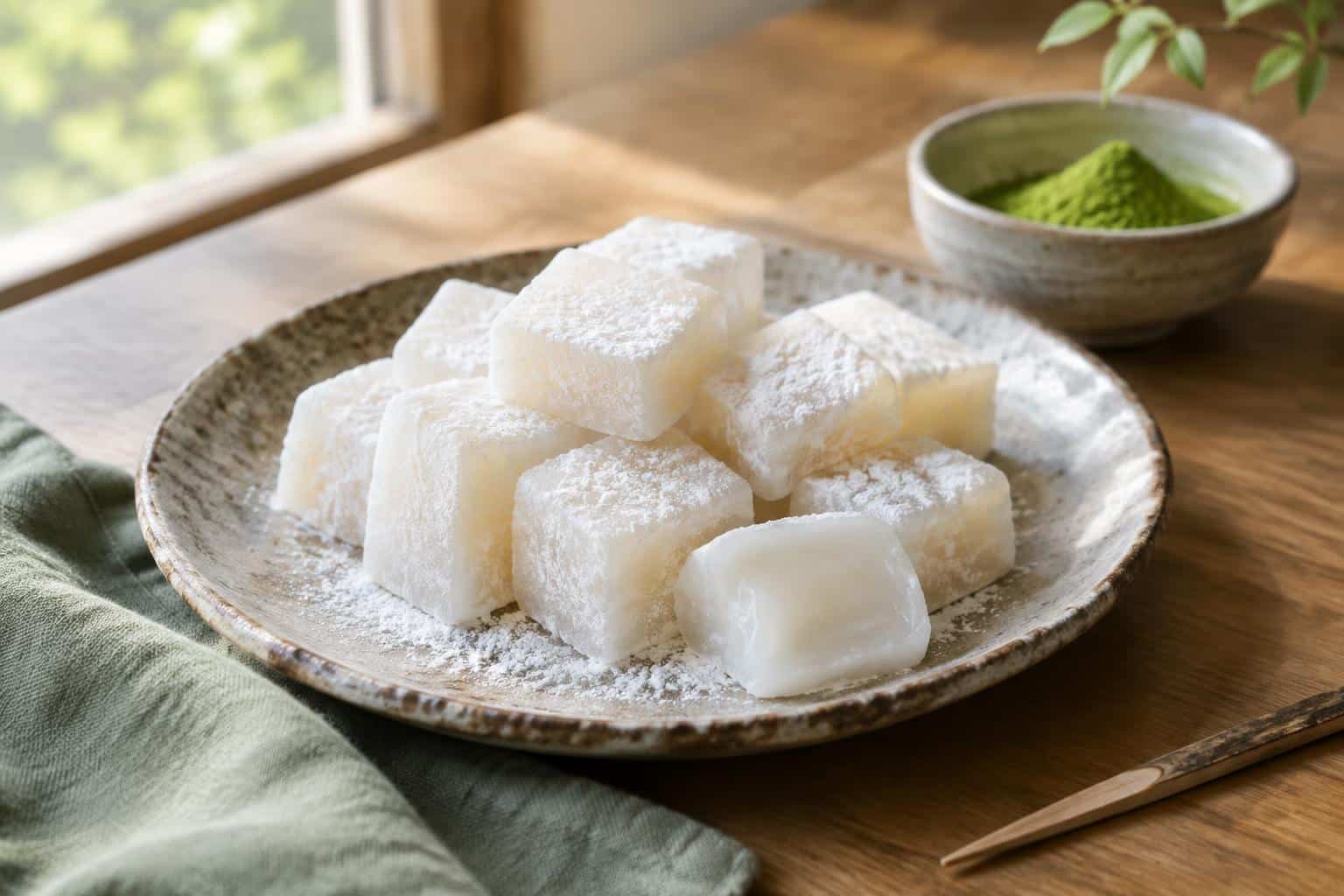 Soft and chewy homemade milk mochi cubes dusted with starch on a ceramic plate, fresh and inviting milk mochi dessert