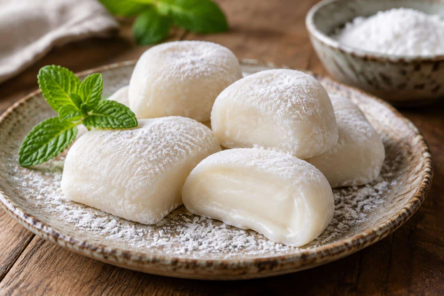 homemade milk mochi pieces on rustic plate with chewy texture and garnish