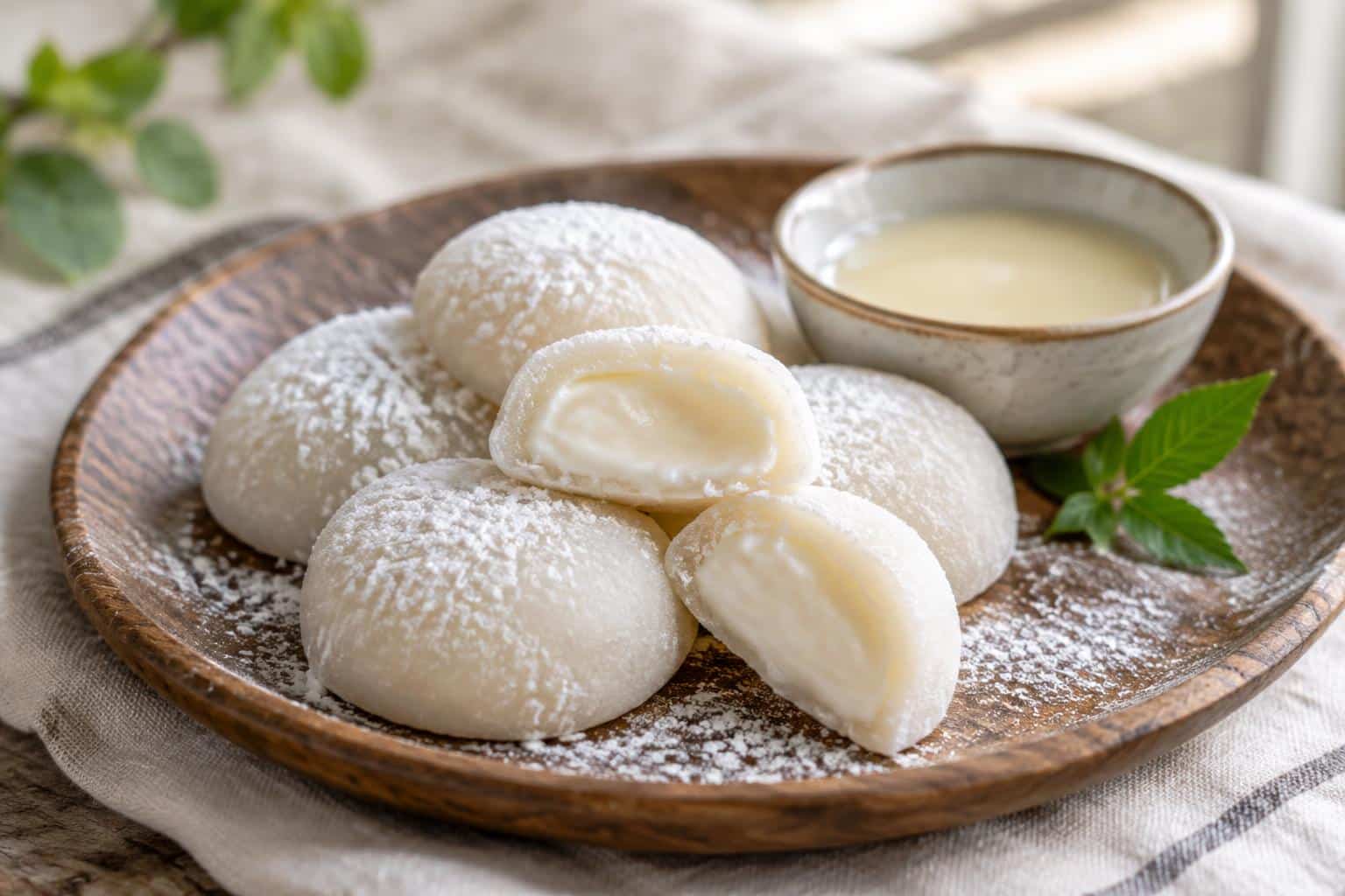 Soft chewy homemade milk mochi dessert with powdered sugar, showcasing the milk mochi texture