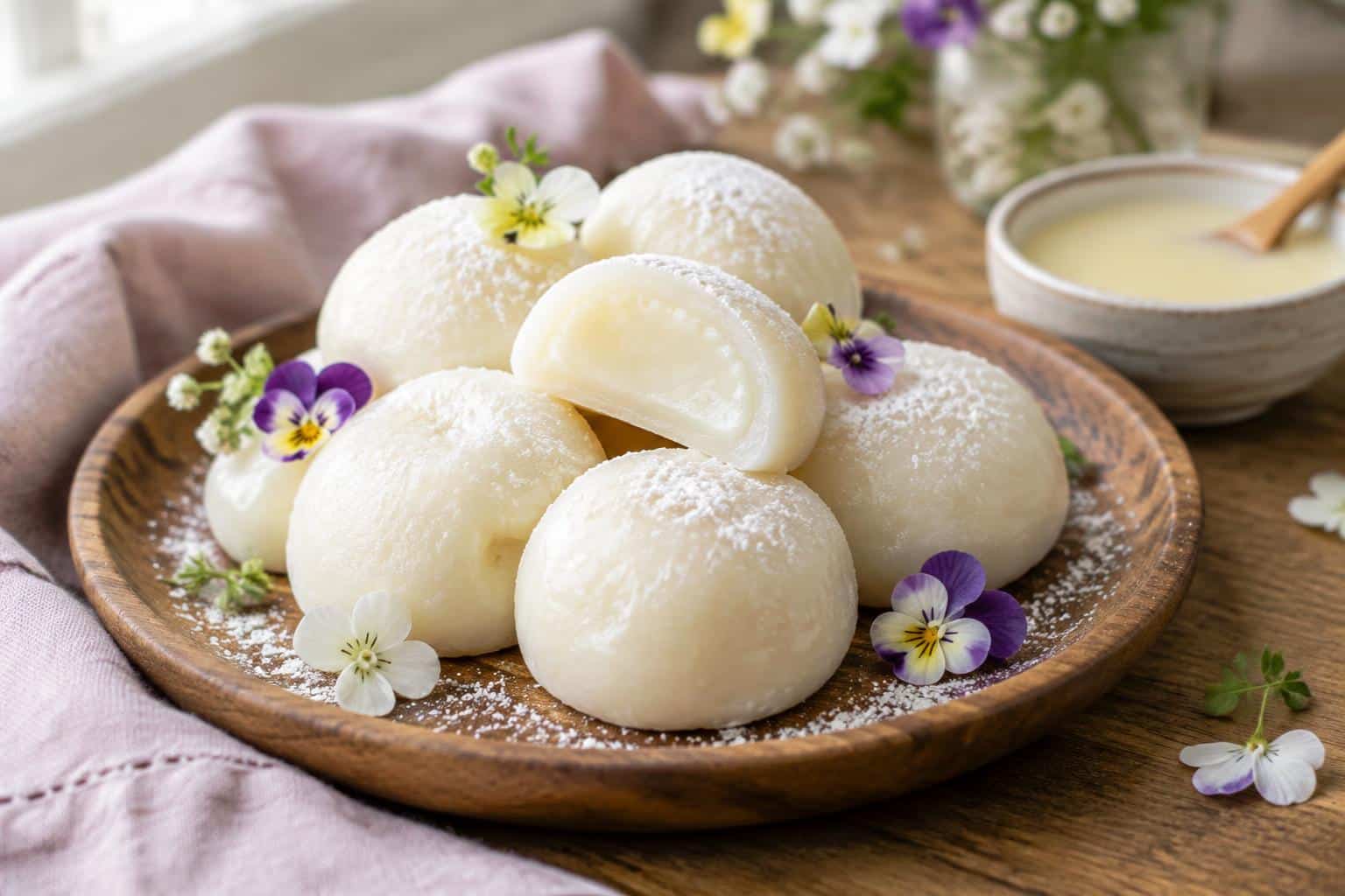 Chewy homemade milk mochi balls dusted with cornstarch on wooden plate, showcasing milk mochi texture