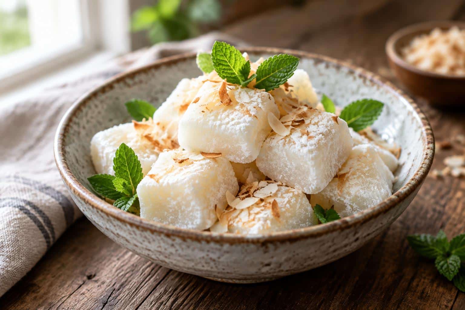 homemade milk mochi cubes dusted with cornstarch and garnished with toasted coconut and mint leaves