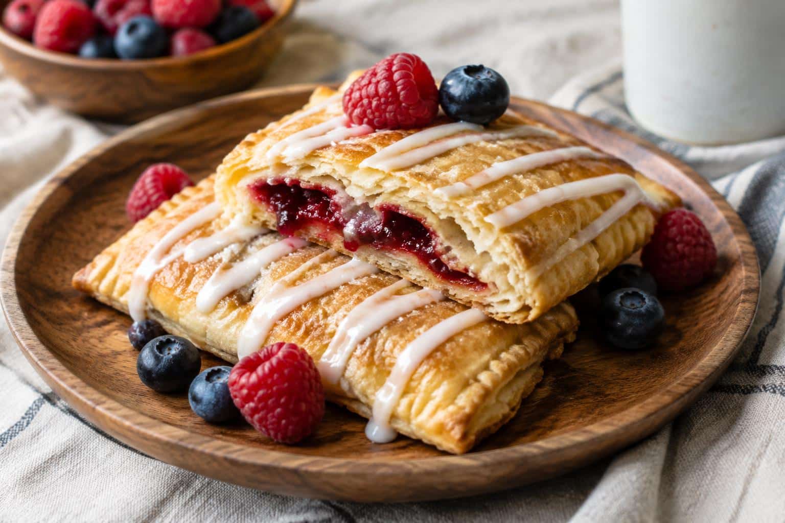 Flaky homemade toaster strudel with fruity filling and icing glaze on wooden plate, homemade toaster strudel