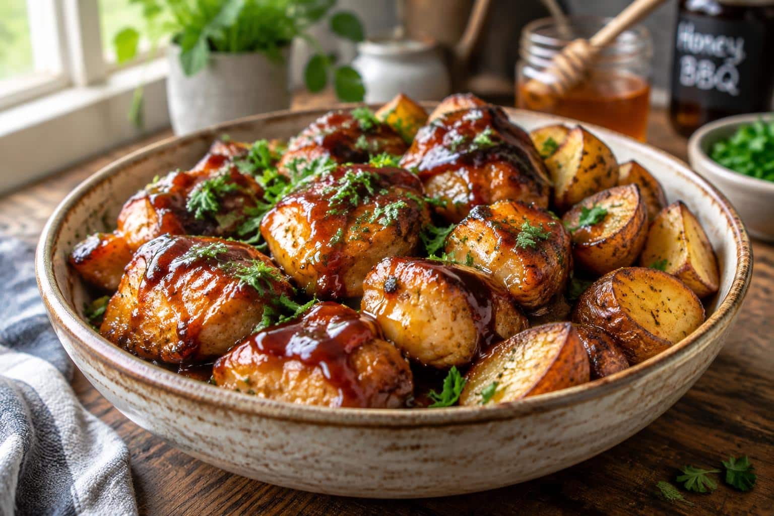 Honey BBQ chicken potatoes plated with fresh parsley garnish and honey BBQ sauce