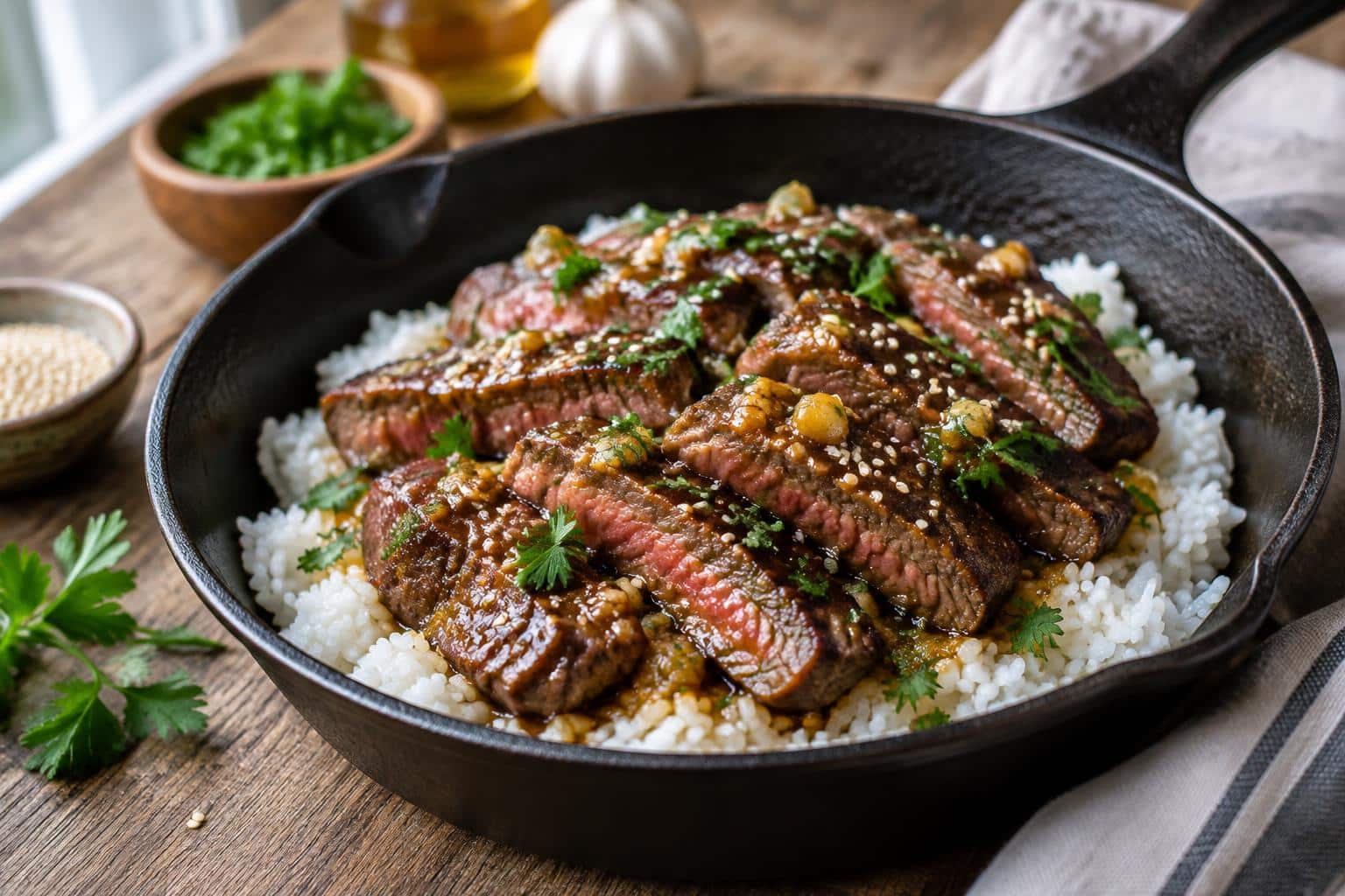 Honey garlic butter steak and rice skillet with fresh parsley garnish in a rustic pan
