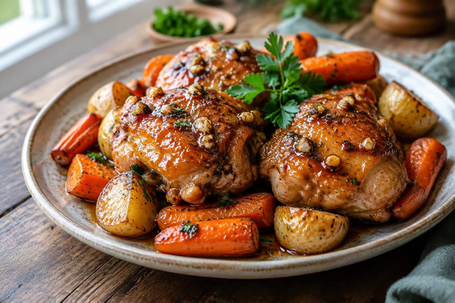 Honey garlic chicken thighs roasted with carrots and potatoes on a rustic plate