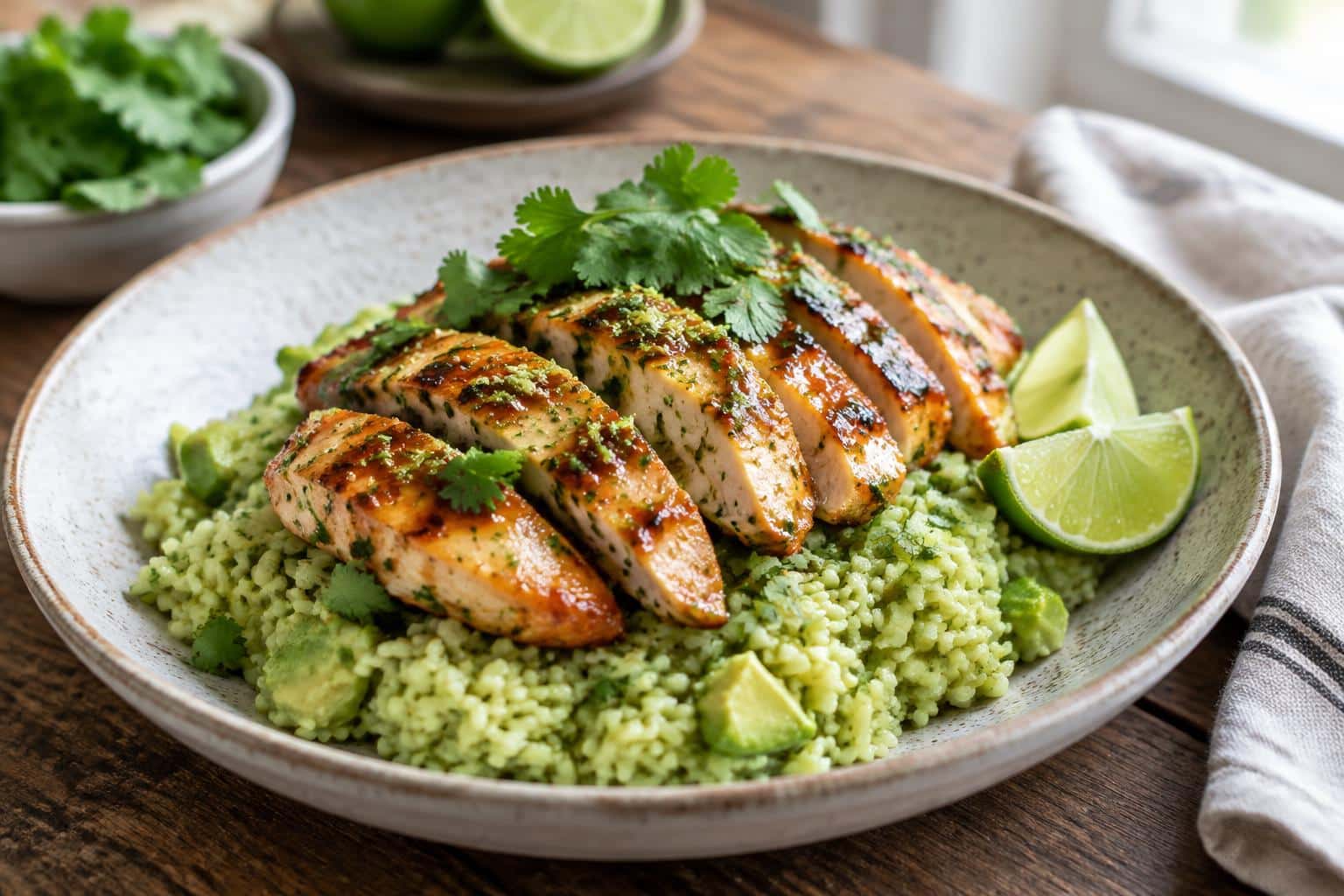 Honey lime chicken served over creamy avocado rice with lime wedges and cilantro garnish