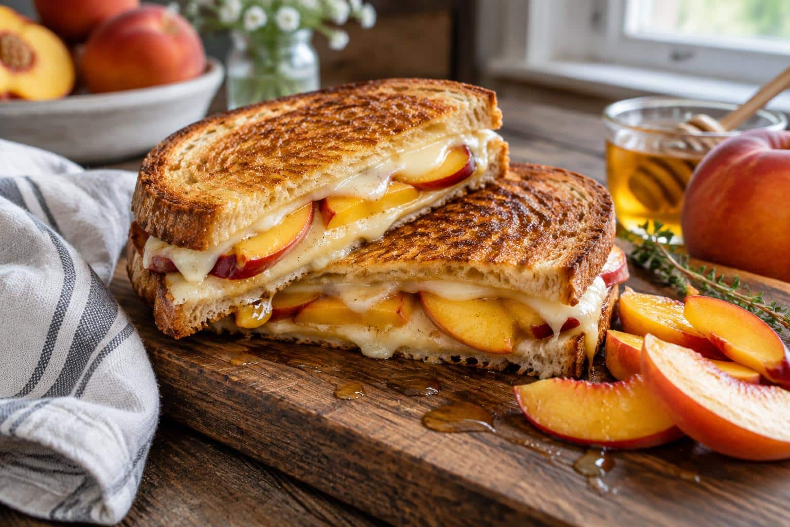 Honey peach grilled cheese sandwich with melted white cheddar and fresh peach slices on rustic board