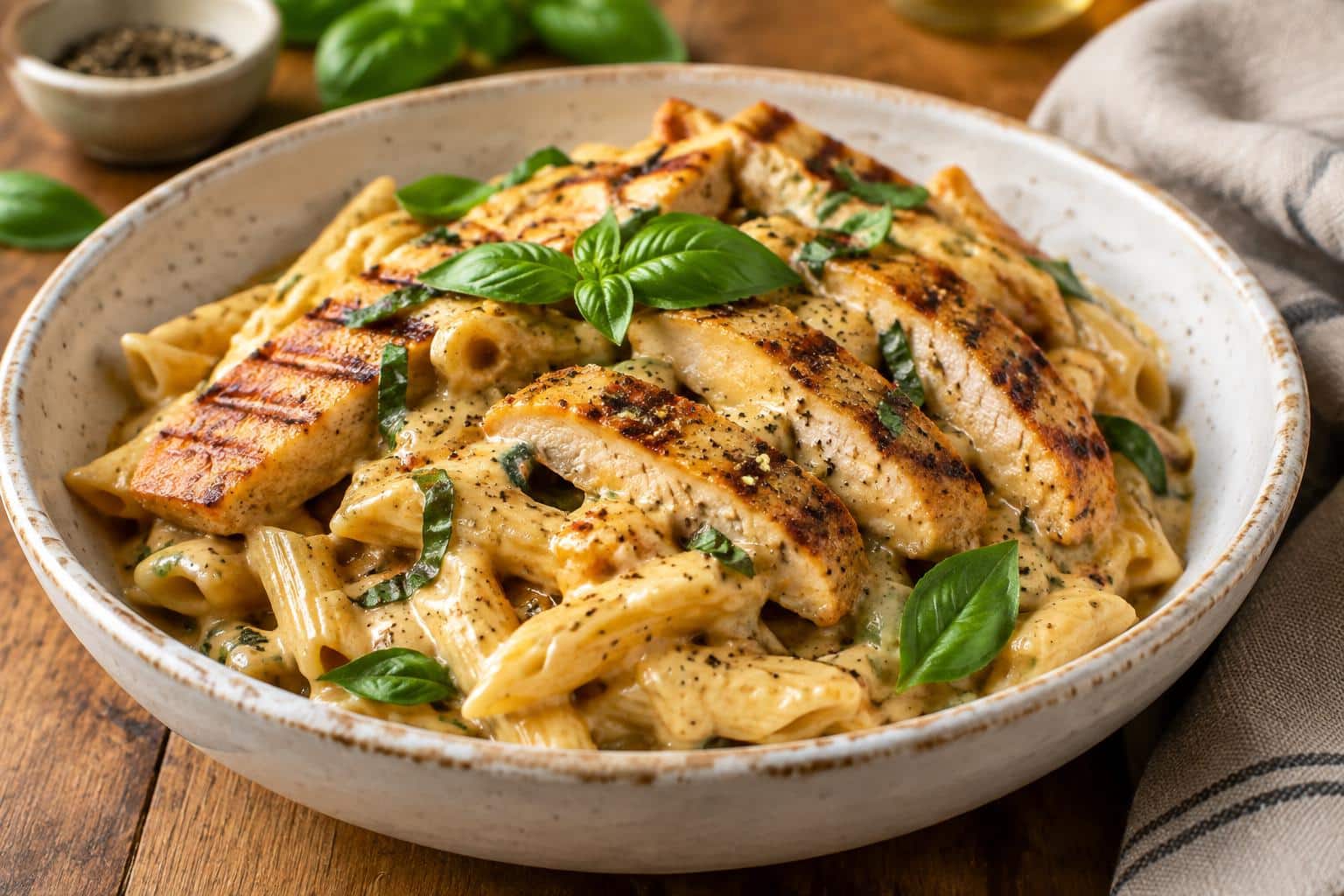 Honey pepper chicken panini pasta served in a rustic bowl with basil garnish and cracked black pepper