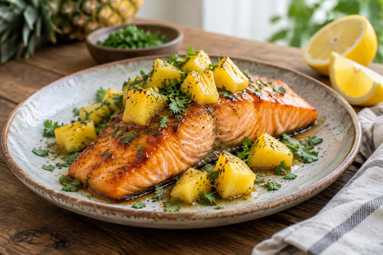 Honey pineapple salmon glazed fillet garnished with pineapple chunks and herbs