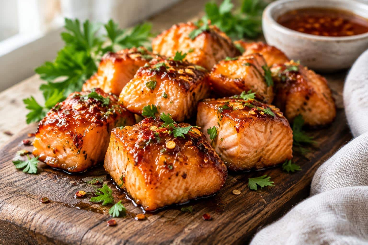 Hot honey salmon bites glazed with spicy honey and garnished with parsley on rustic wooden board