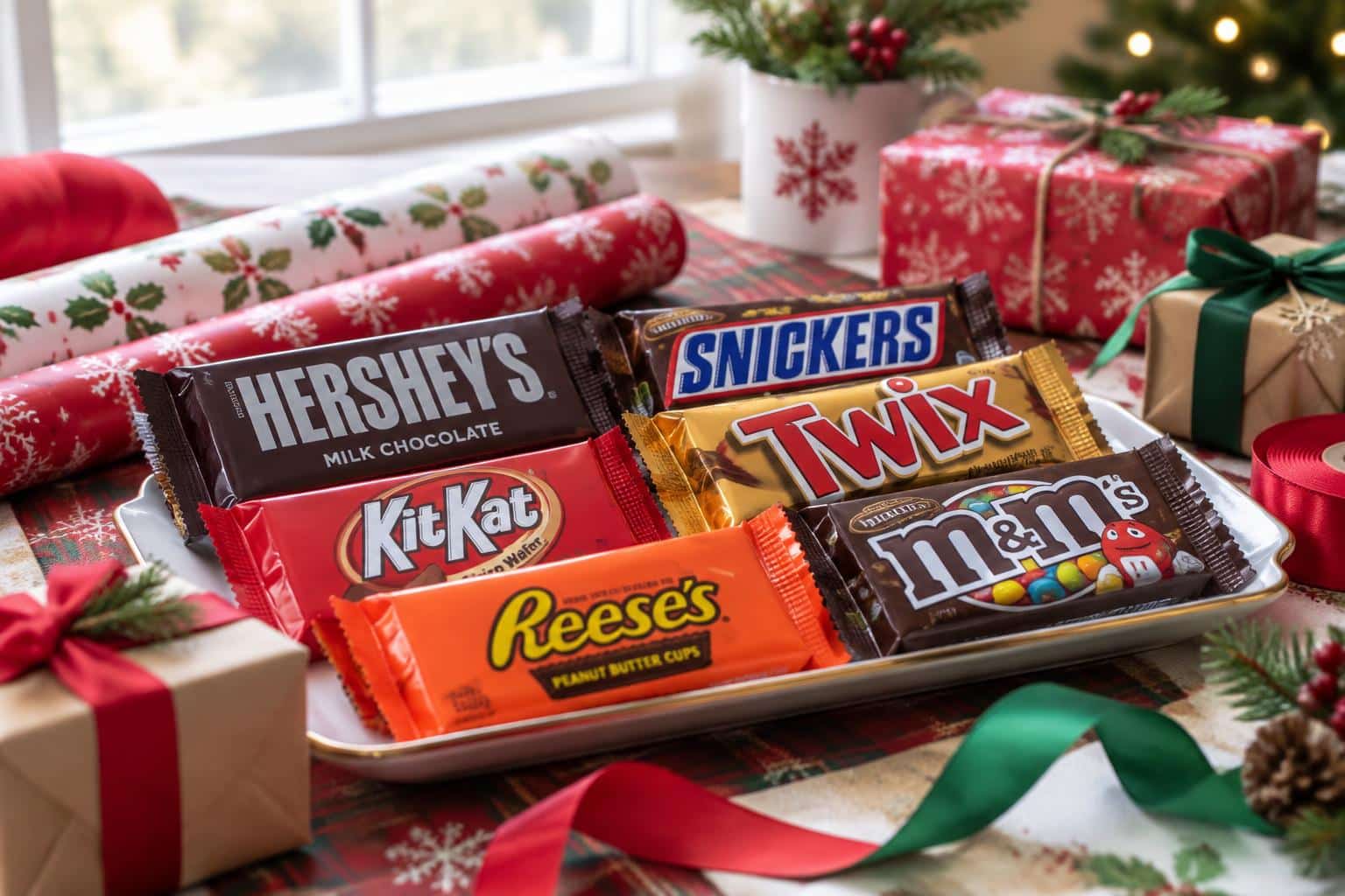 Colorful candy bars arranged for the candy bar game on a festive holiday table