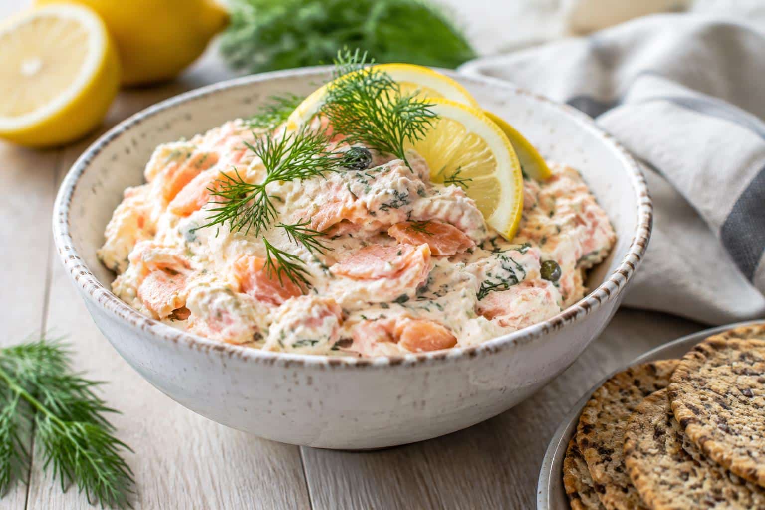 Creamy smoked salmon spread garnished with dill and lemon slices in a rustic bowl