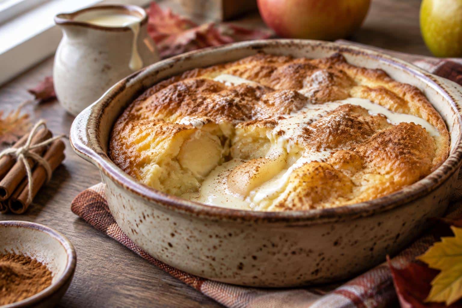 Baked Malvern Pudding custard apple dessert garnished with cinnamon and cream
