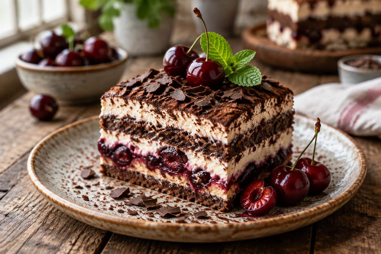 Slice of black forest tiramisu with chocolate shavings and cherries on rustic plate