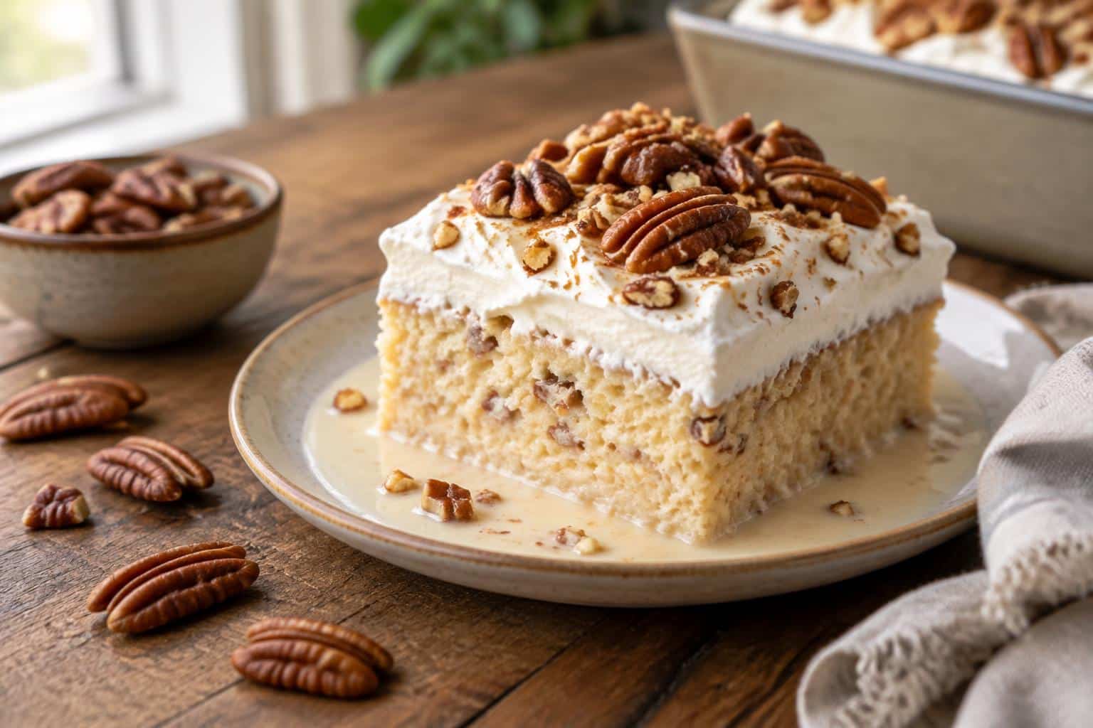 Butter pecan tres leches cake with whipped cream and toasted pecans on top, creamy dessert