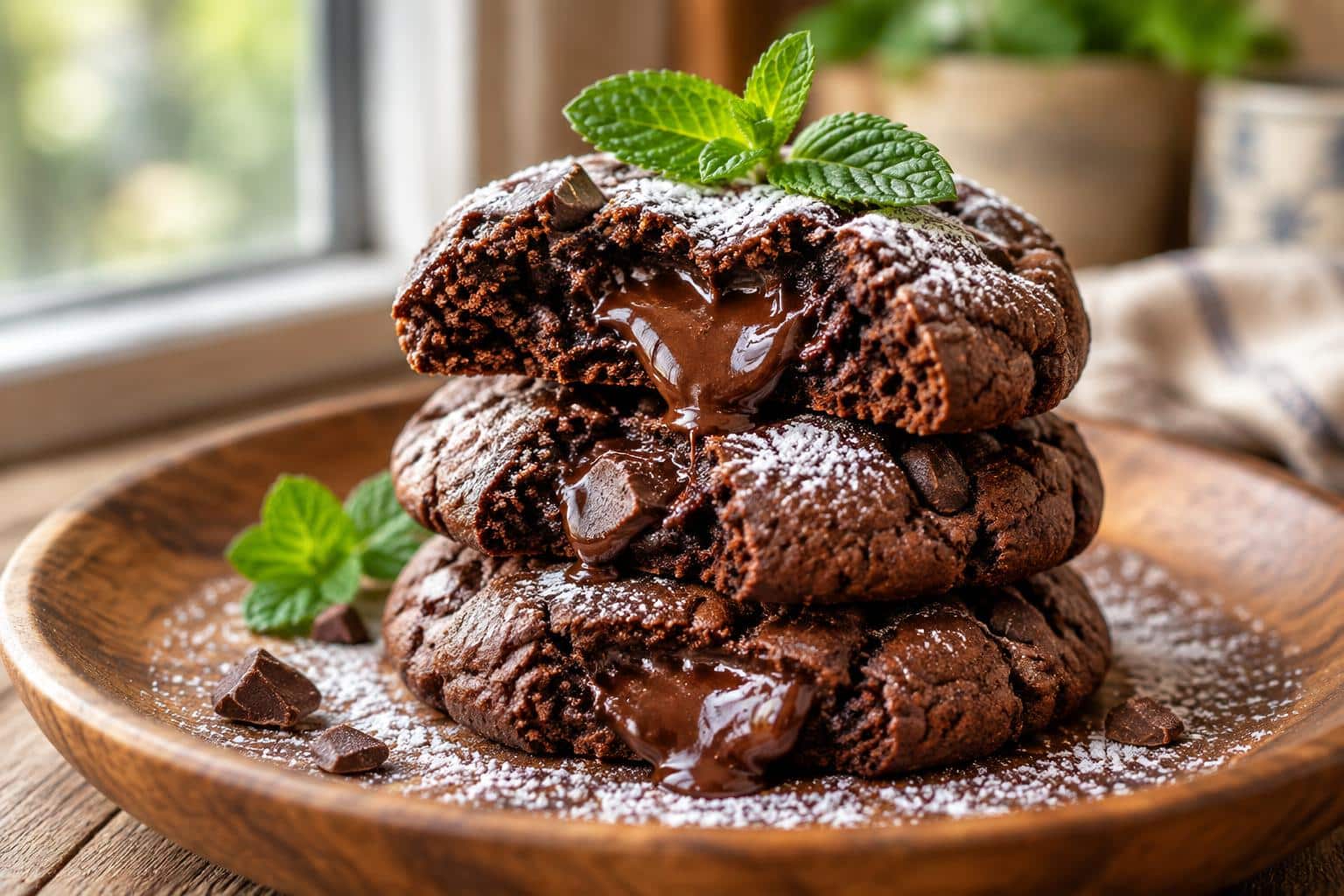 Chocolate lava brownie cookies with gooey molten centers on rustic plate, rich chocolate lava brownie cookies