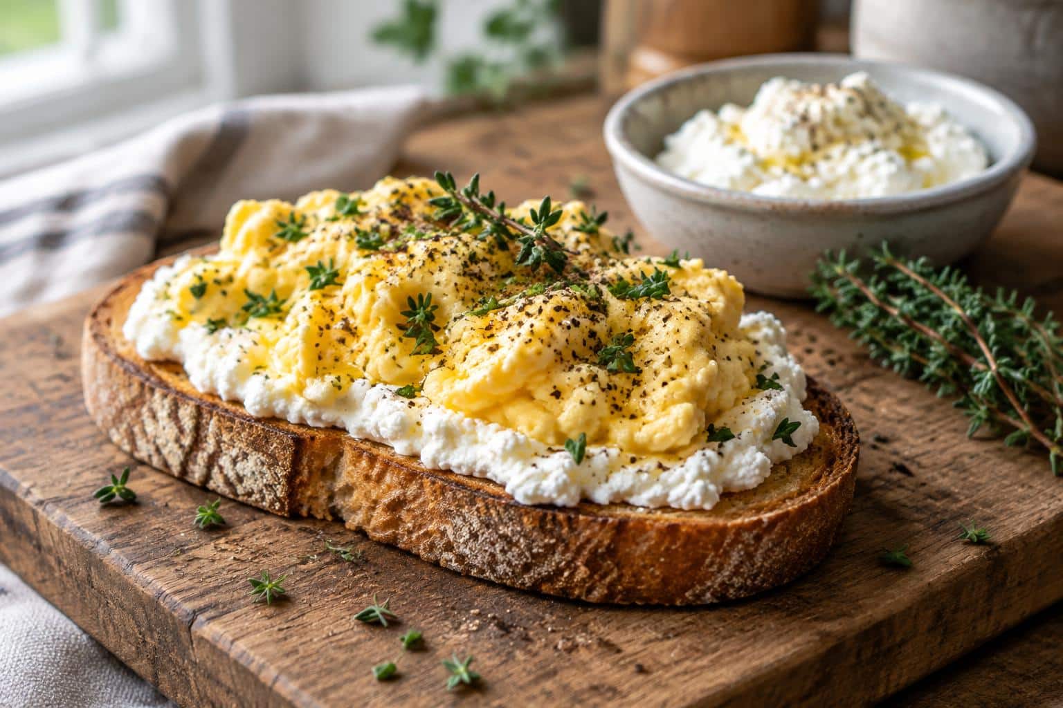 Creamy ricotta egg toast garnished with cracked black pepper and fresh herbs