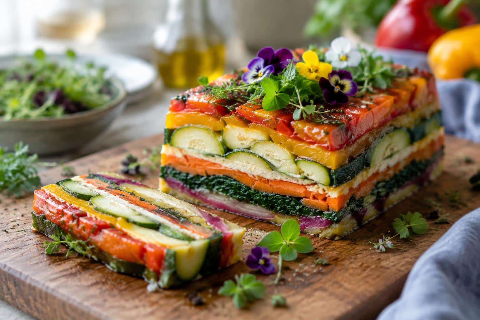 Vibrant layered vegetable terrine showcasing beautiful food ideas with colorful fresh herbs garnish