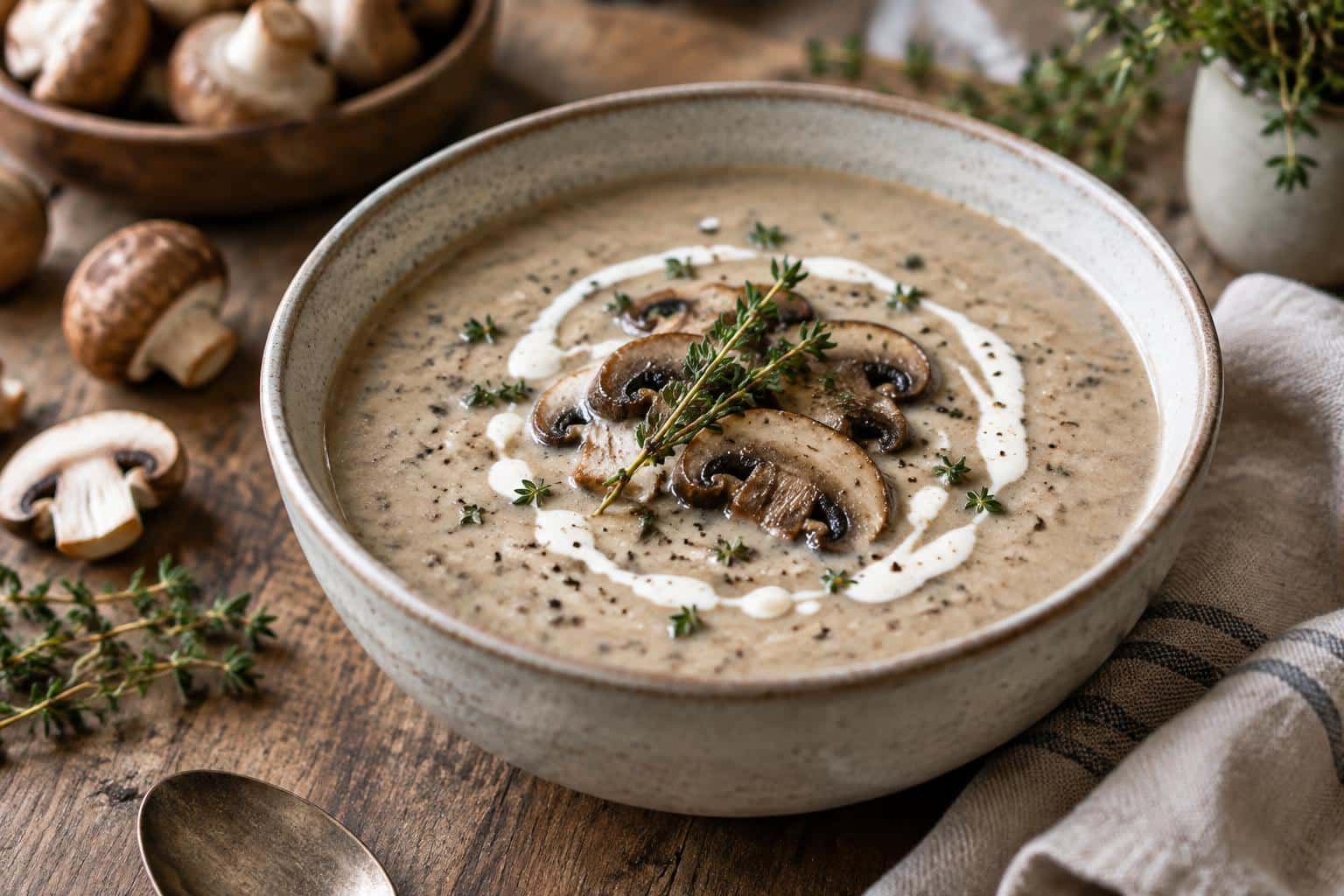 A bowl of creamy mushroom bisque garnished with fresh thyme and cream, showcasing creamy mushroom bisque