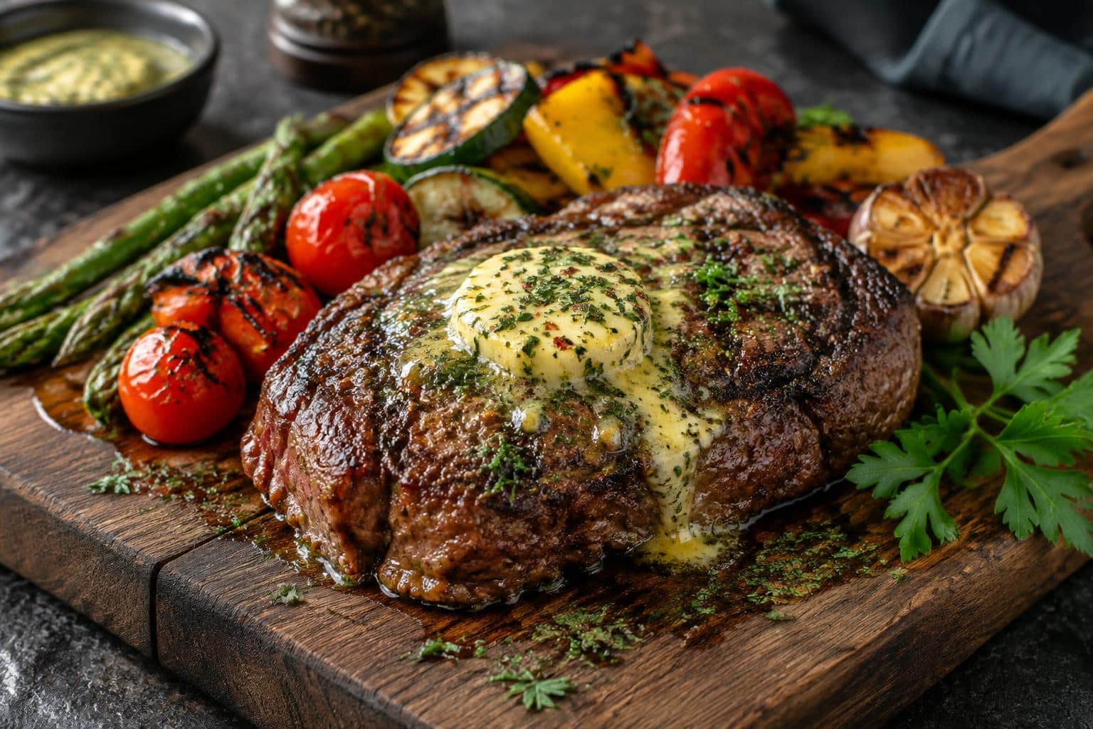 Sizzling cowboy butter steak topped with melted herb butter and garnished with fresh parsley