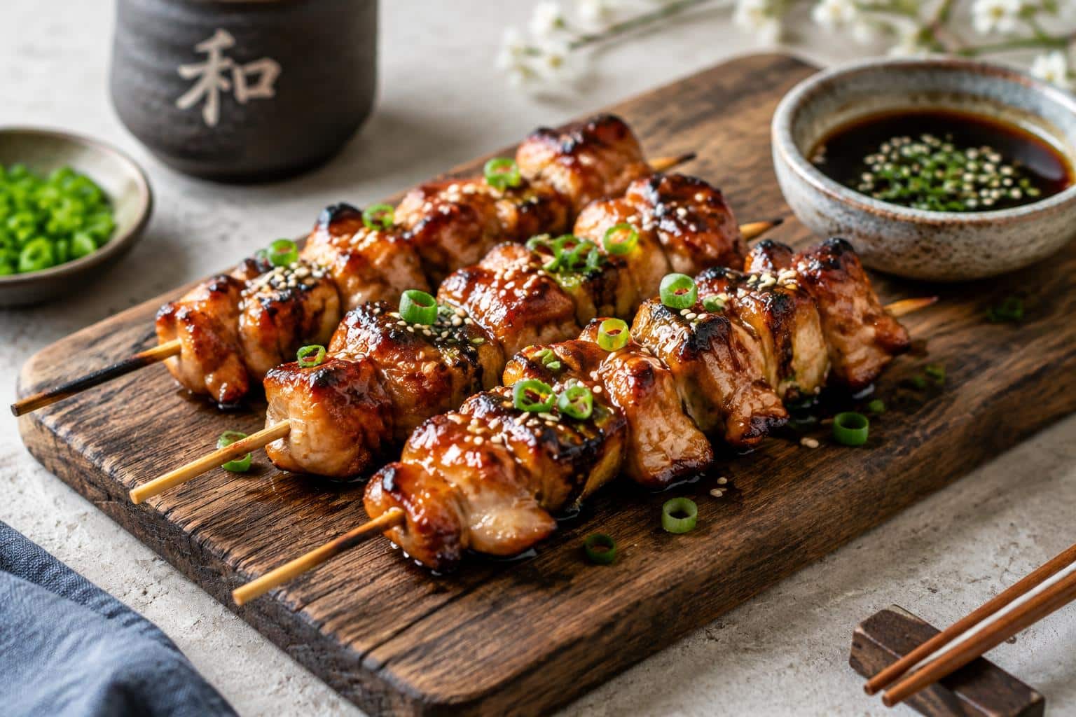 Grilled yakitori chicken skewers glazed with sauce and garnished with sesame seeds and green onions