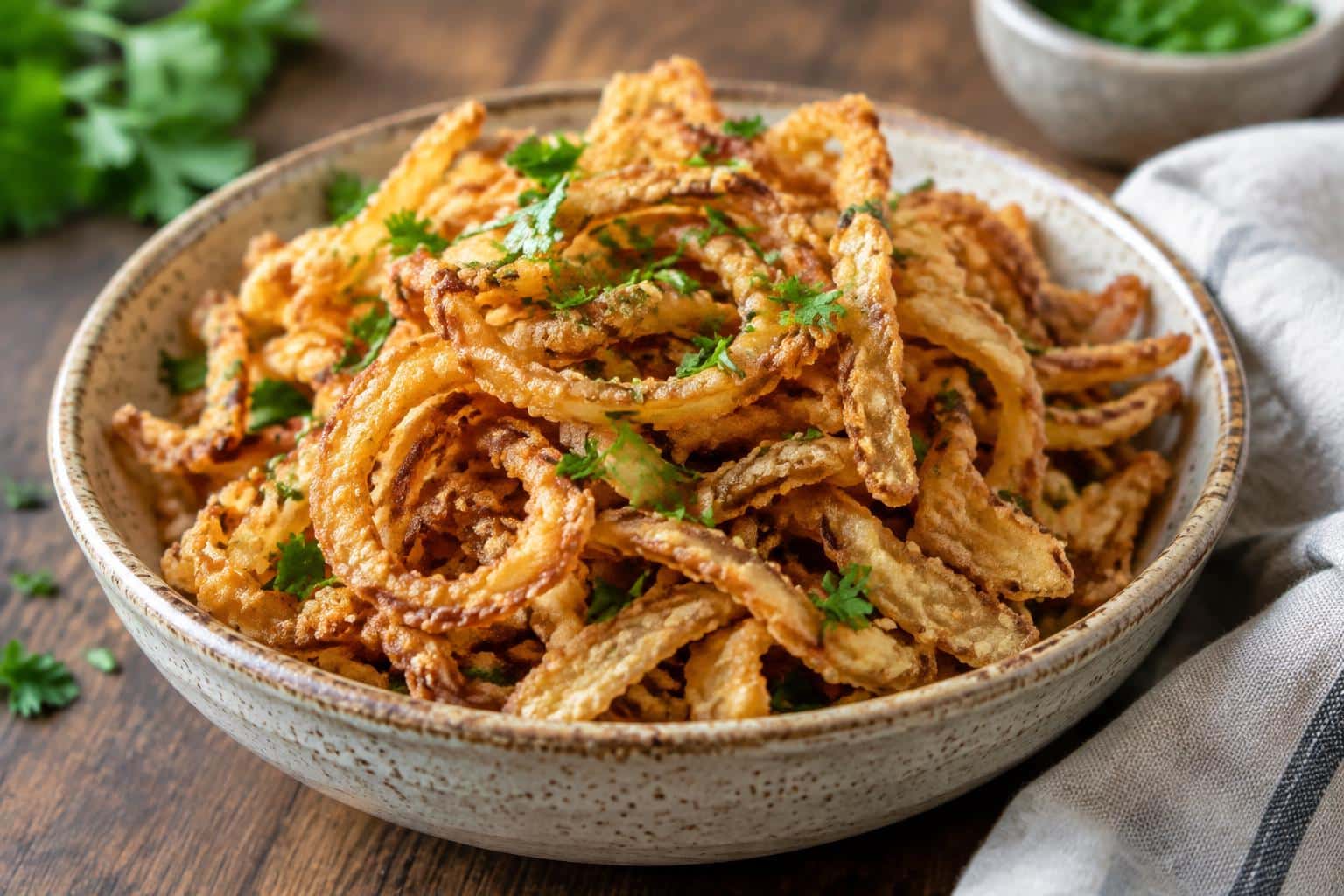Golden brown air fryer crispy onions in rustic bowl with fresh parsley garnish