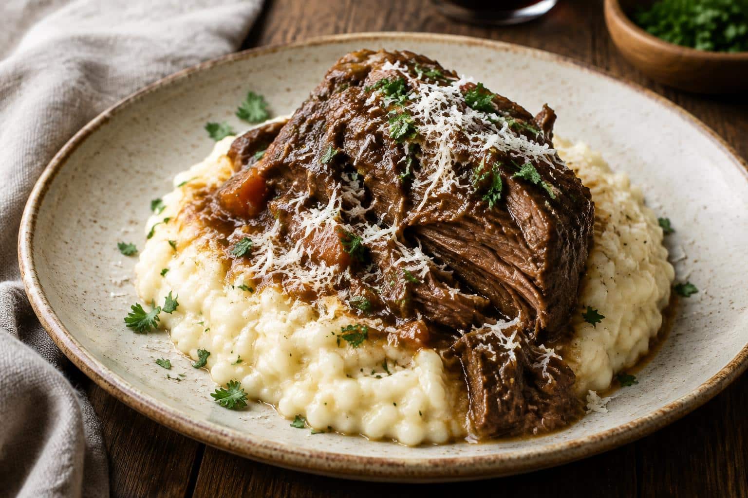 Italian pot roast served over creamy parmesan risotto garnished with parsley and parmesan cheese