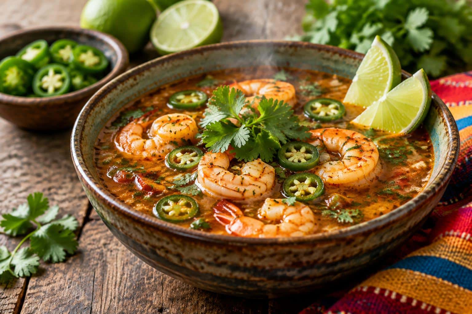 Spicy jalapeño shrimp soup in a bowl garnished with cilantro and lime wedges, showcasing the shrimp soup