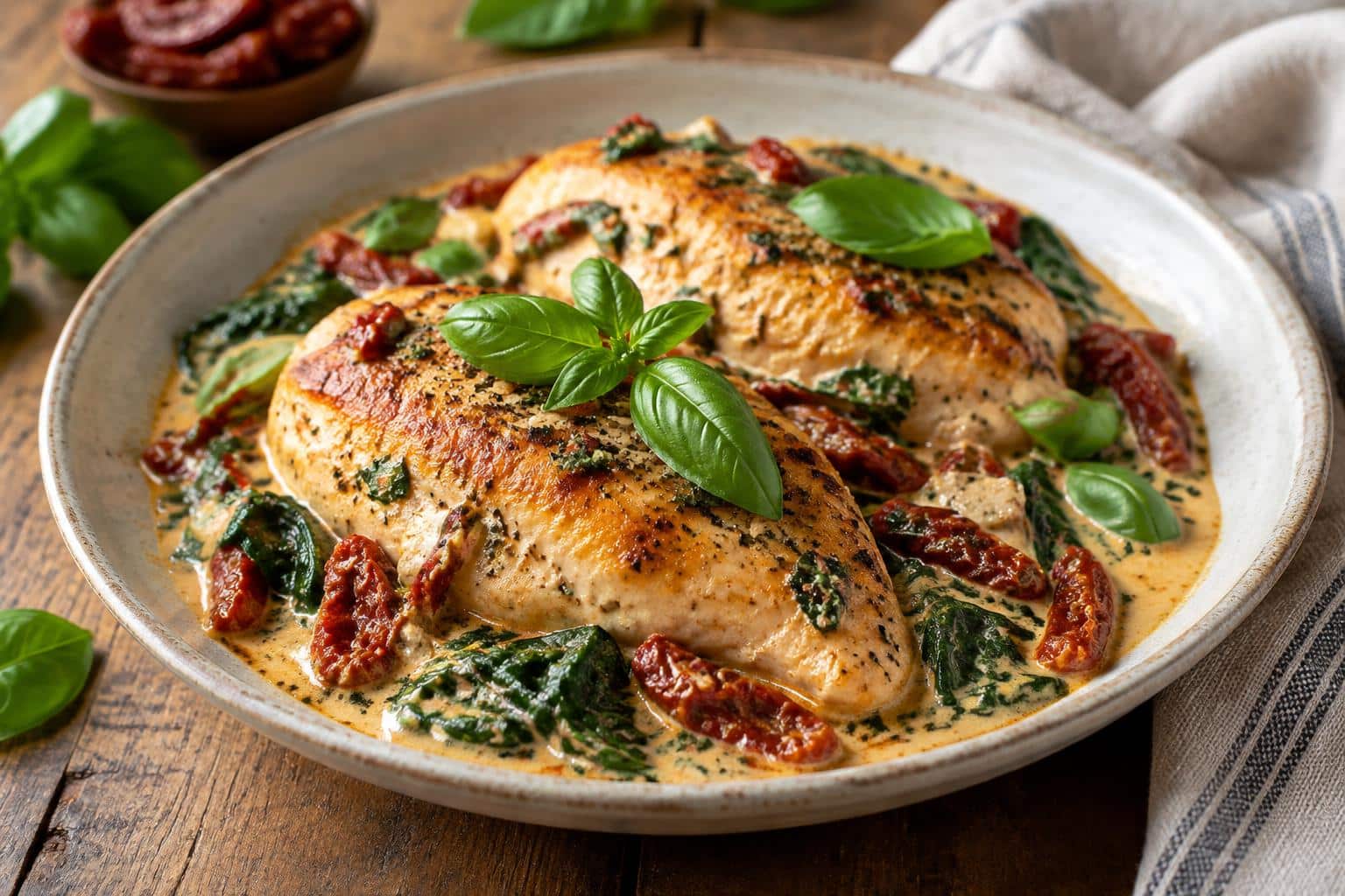 Tuscan chicken plated with creamy sun-dried tomato and spinach sauce, garnished with fresh basil, showcasing tuscan chic