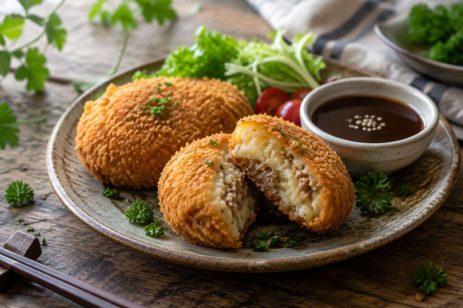 crispy golden Japanese croquettes with dipping sauce and fresh garnish on rustic wooden table