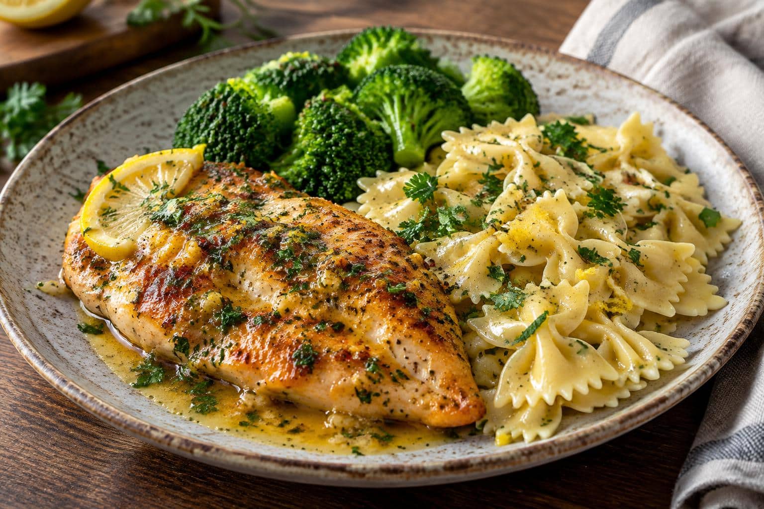 Juicy cowboy butter chicken with lemon bowtie pasta and broccoli served on rustic plate