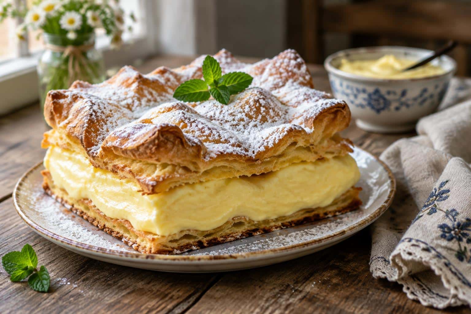 Karpatka cake with soft creamy custard layers and powdered sugar topping, a classic Polish dessert