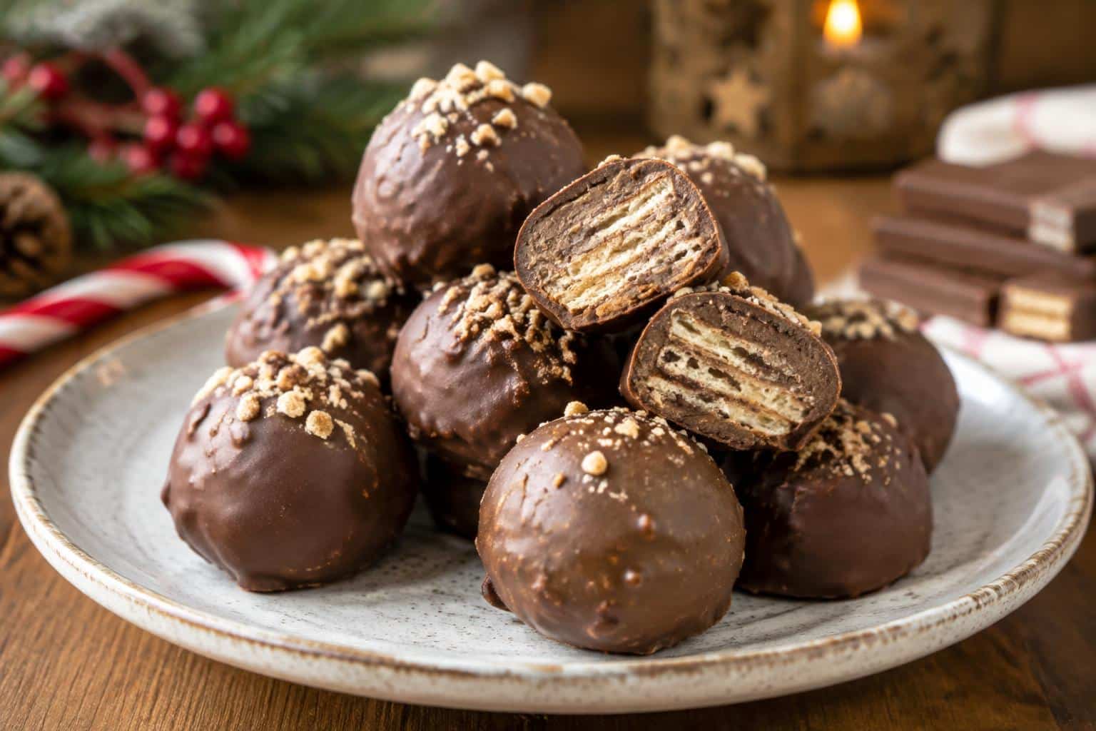 Delicious kitkat truffles coated in smooth chocolate on a white plate with natural light