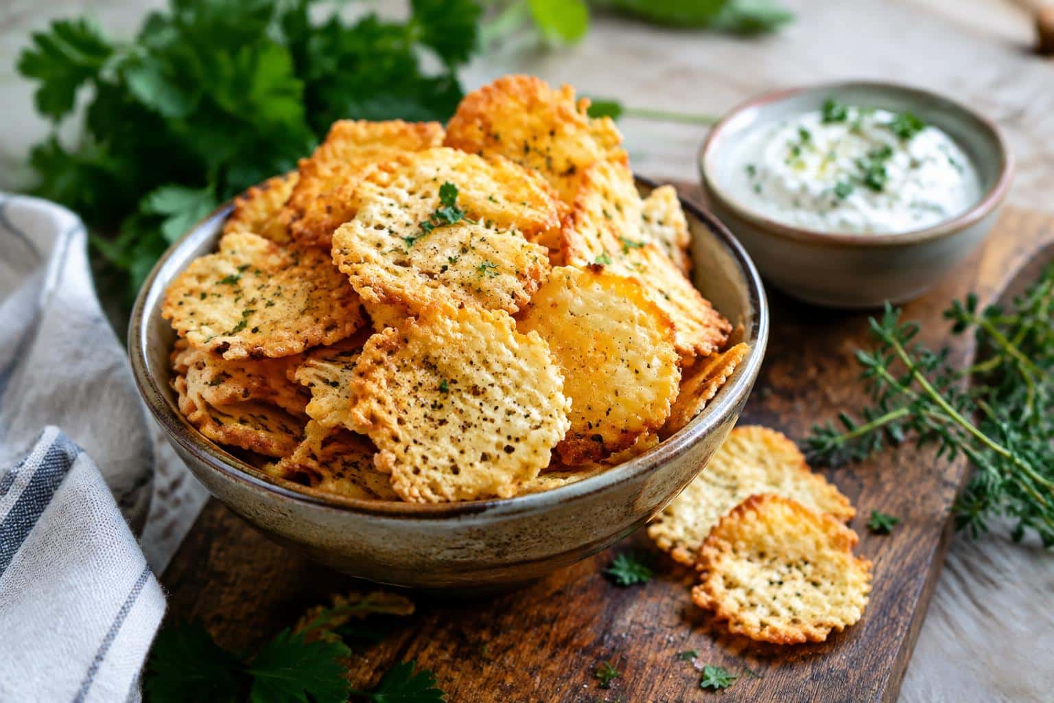 Golden knusprige hüttenkäse chips in a rustic bowl with fresh herb garnish and dipping sauce