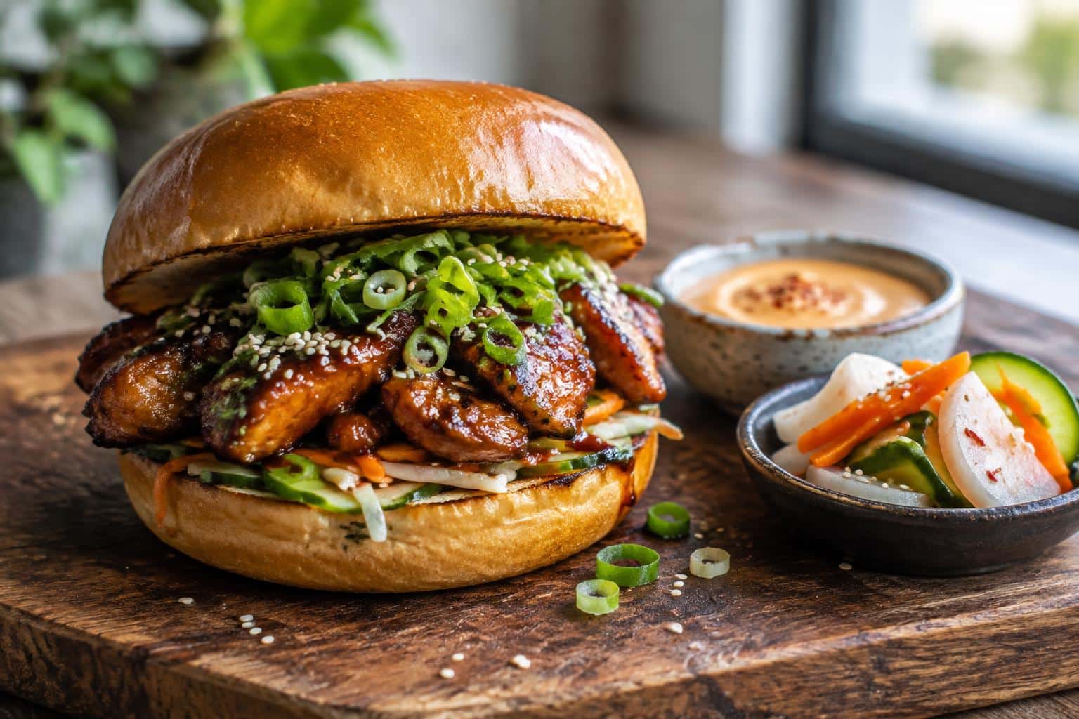 Sweet and spicy Korean BBQ chicken sandwich on toasted bun with garnish and sides