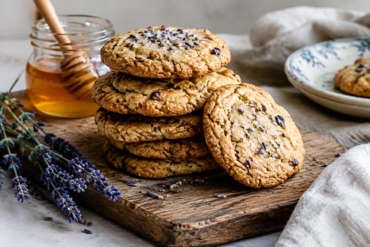 Lavender honey cookies with crunchy texture and fresh lavender garnish