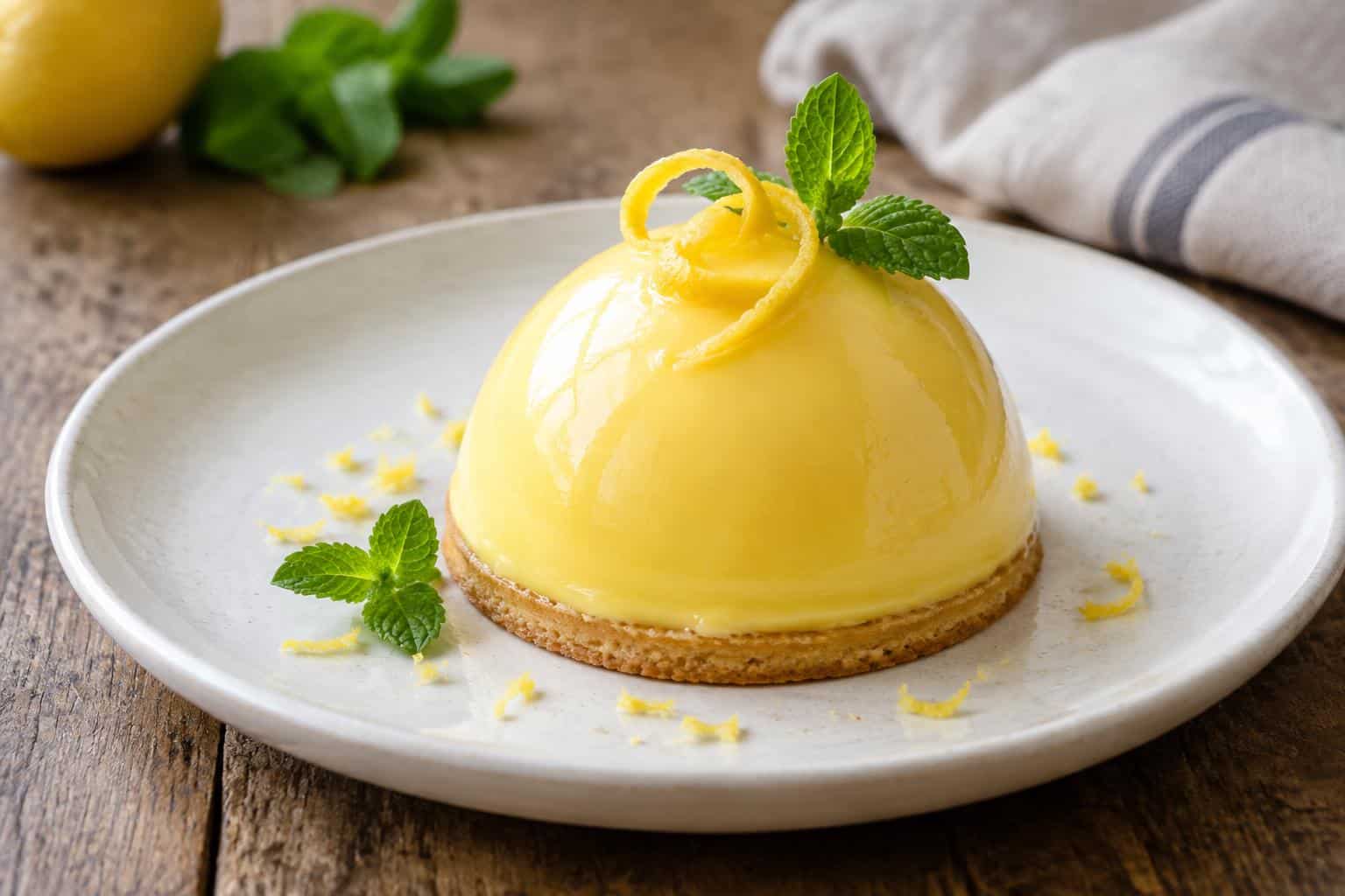 Le Dôme au Citron dessert with glossy lemon glaze and fresh mint garnish