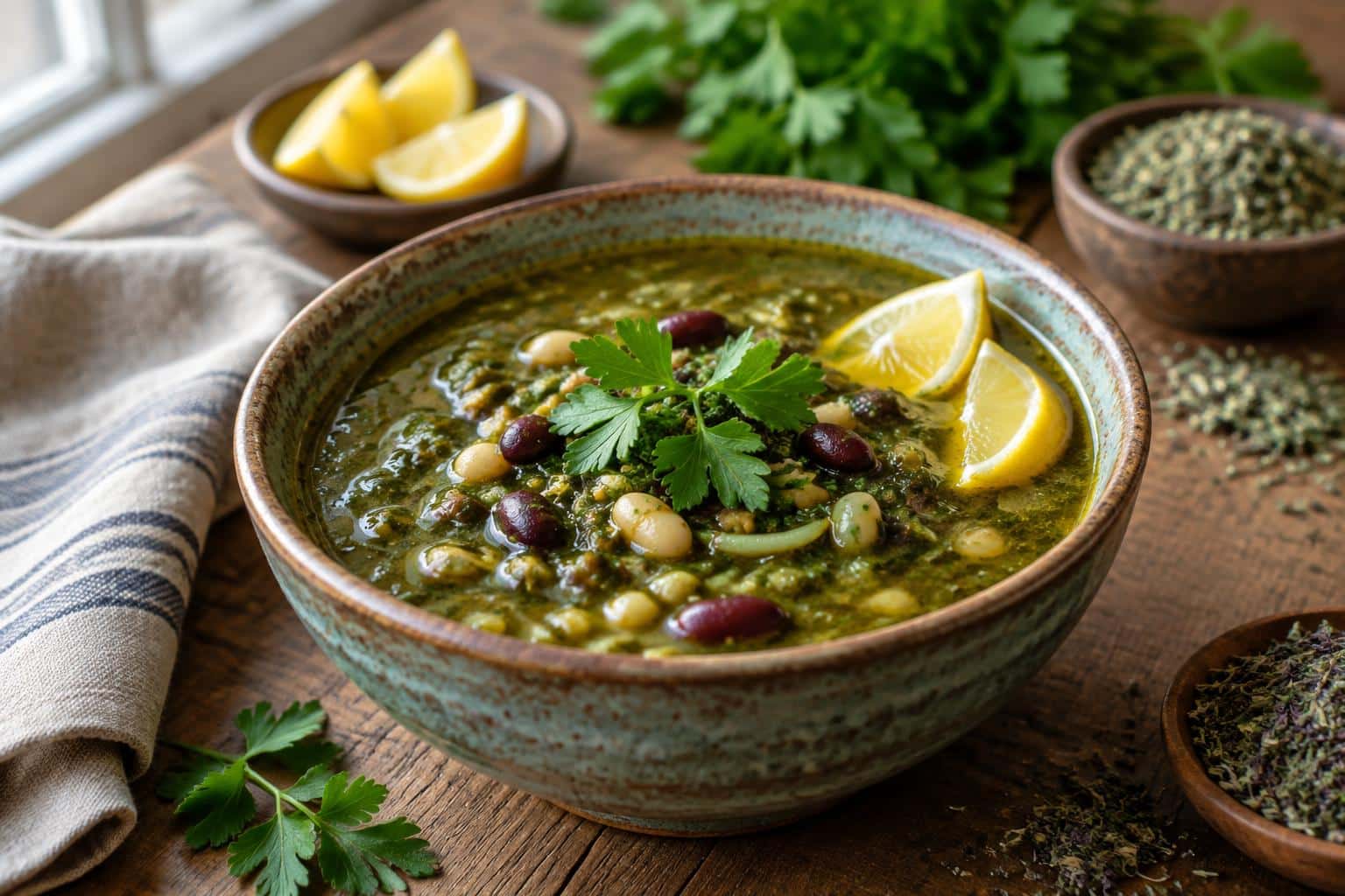Bowl of Persian soup packed with herbs and beans, garnished with fresh parsley and lemon wedges