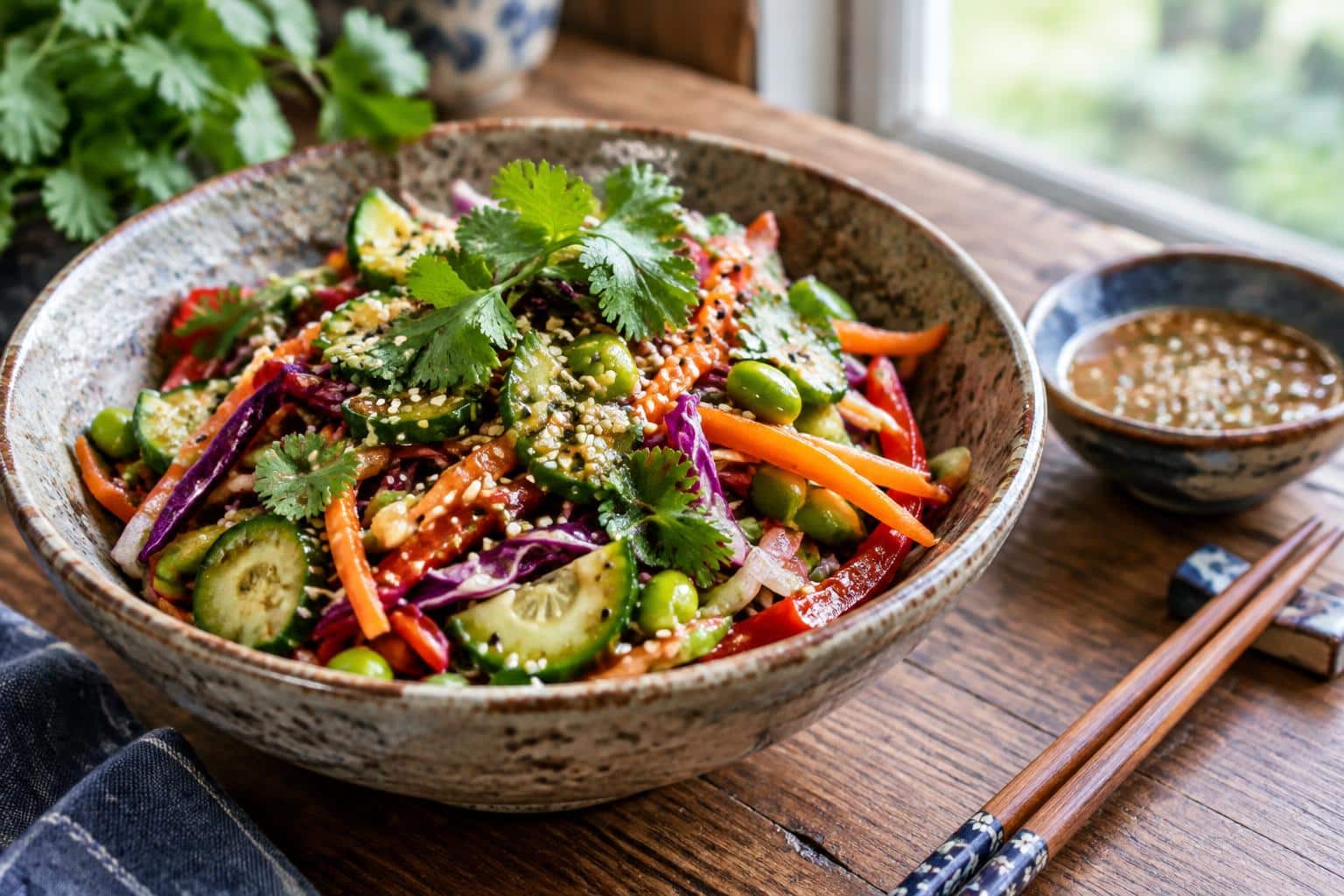 Fresh light Asian salad with vibrant vegetables and sesame seeds in a rustic bowl