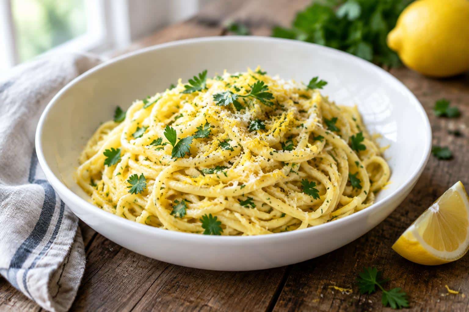 Freshly plated lemon pasta with lemon zest and parsley garnish, perfect lemon pasta dish