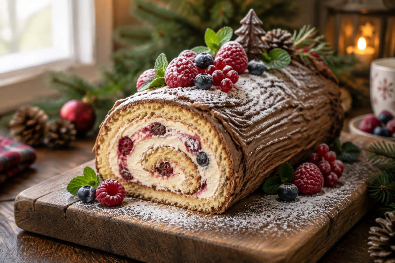 Light and fruity buche de noel dessert garnished with fresh berries and mint leaves